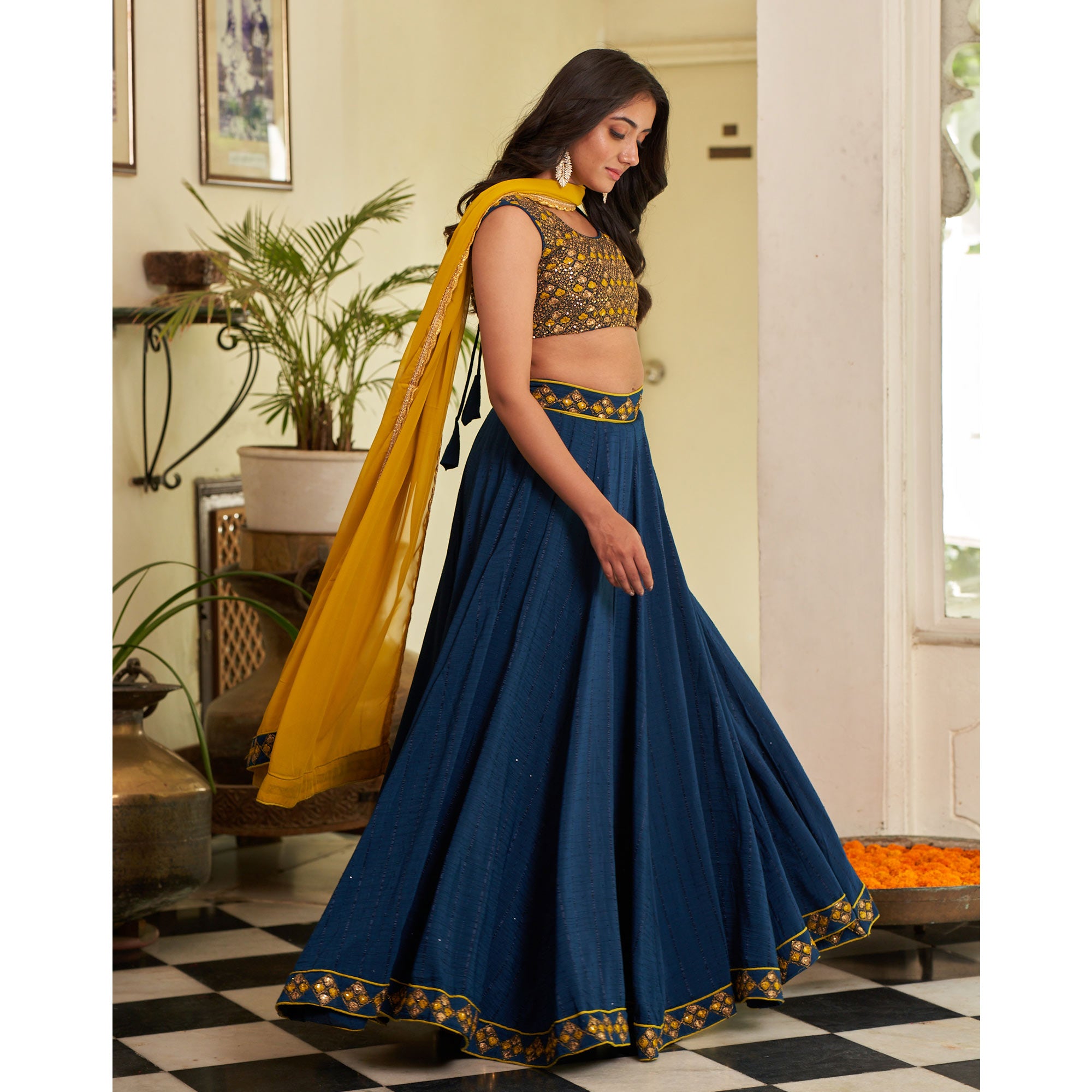Blue Sequins Embroidered Chanderi Lehenga Choli