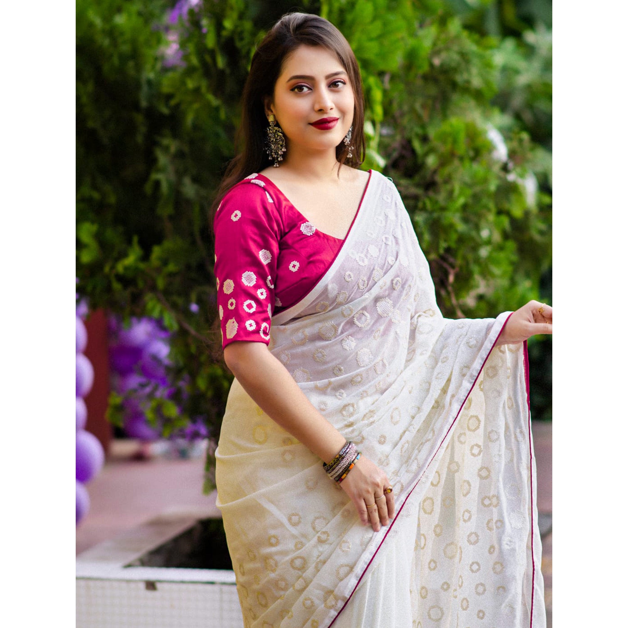 White Sequins Work Georgette Saree