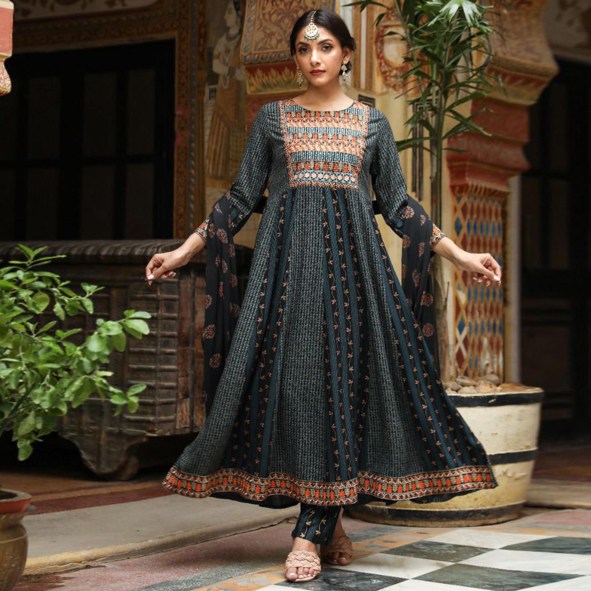 Black Printed With Embroidered Rayon Anarkali Suit