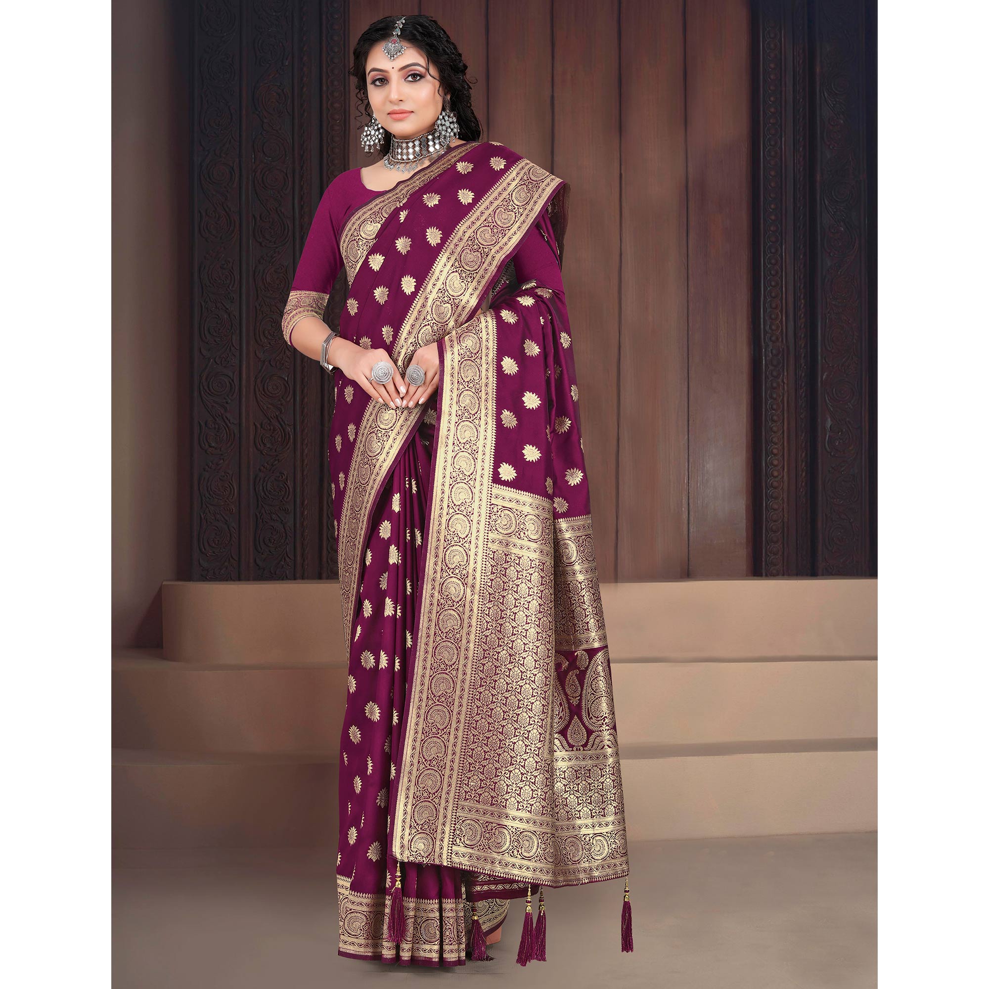 Wine Woven Banarasi Silk Saree