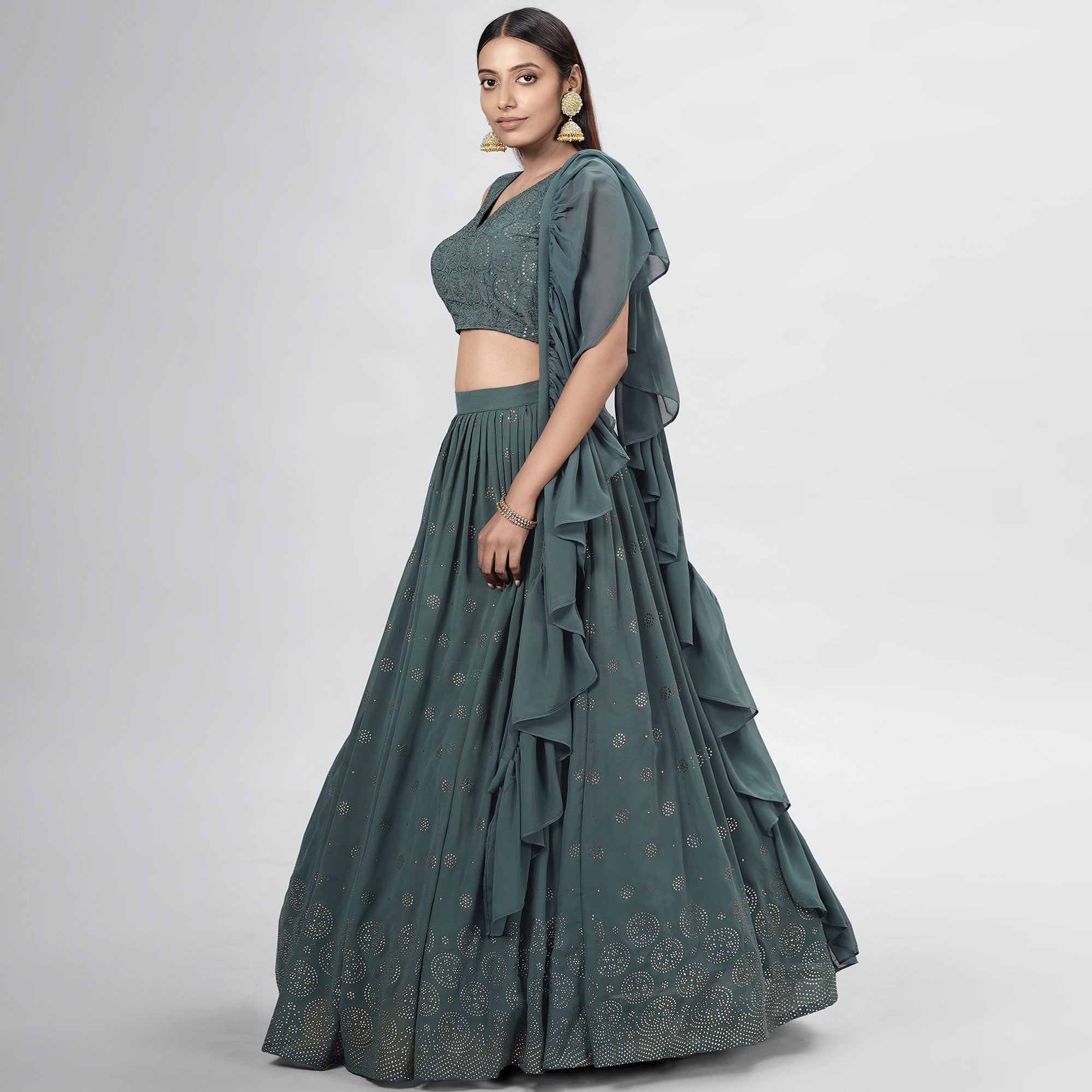 Dark Grey Embellished With Embroidered Georgette Lehenga Choli