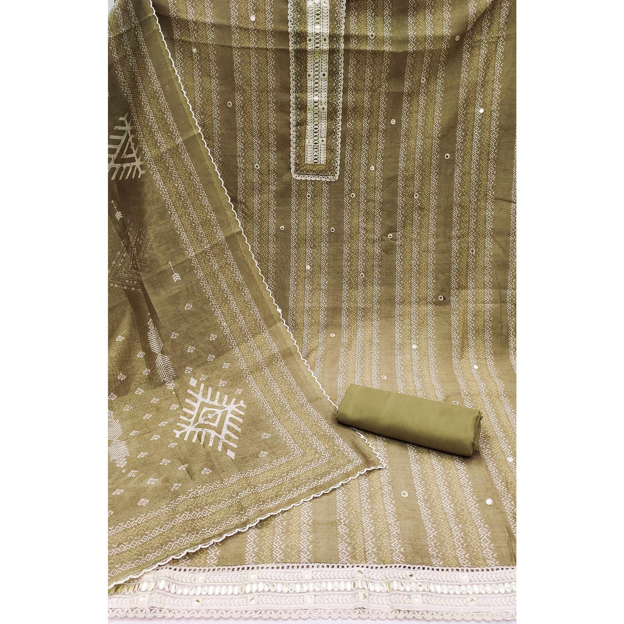 Mehendi Green Digital Printed With Embroidered Chanderi Dress Material