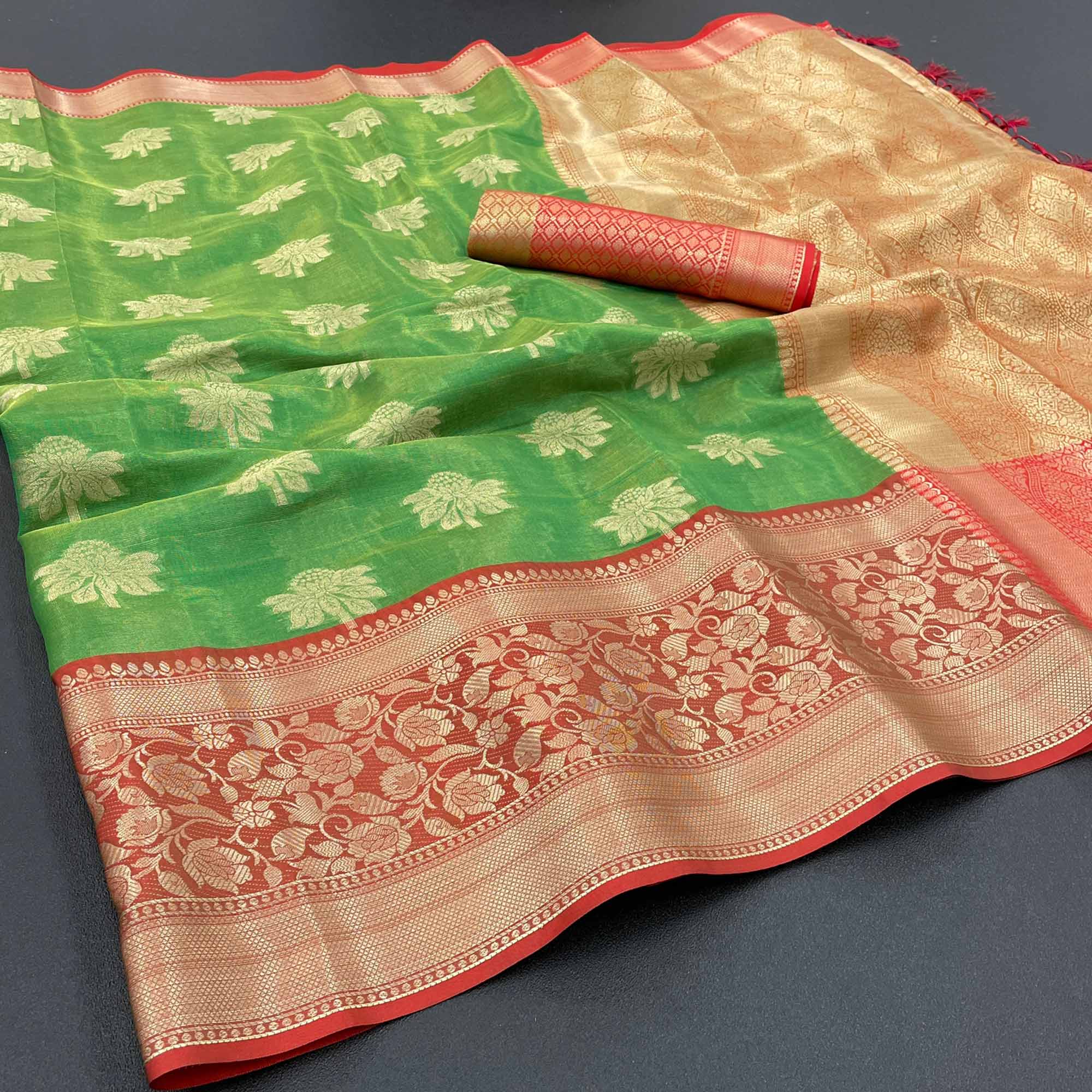 Green Woven Art Silk Saree With Tassels