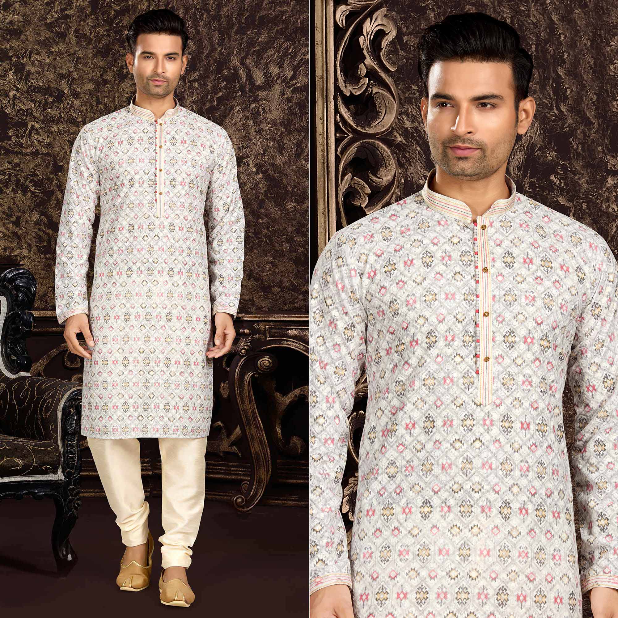 Offwhite Lucknowi And Digital Printed Cotton Kurta Pyjama Set