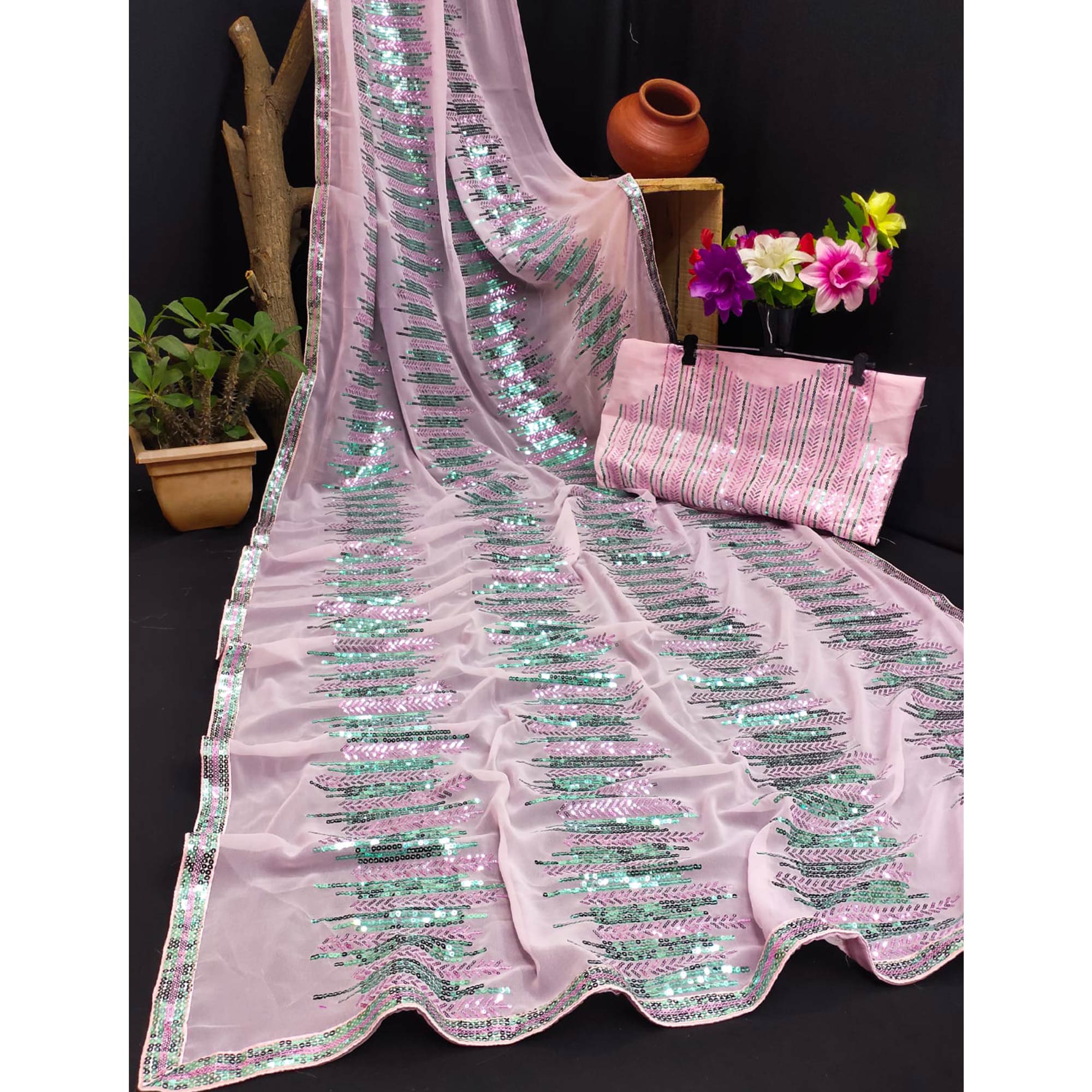 Pink Sequins Embroidered Georgette Saree