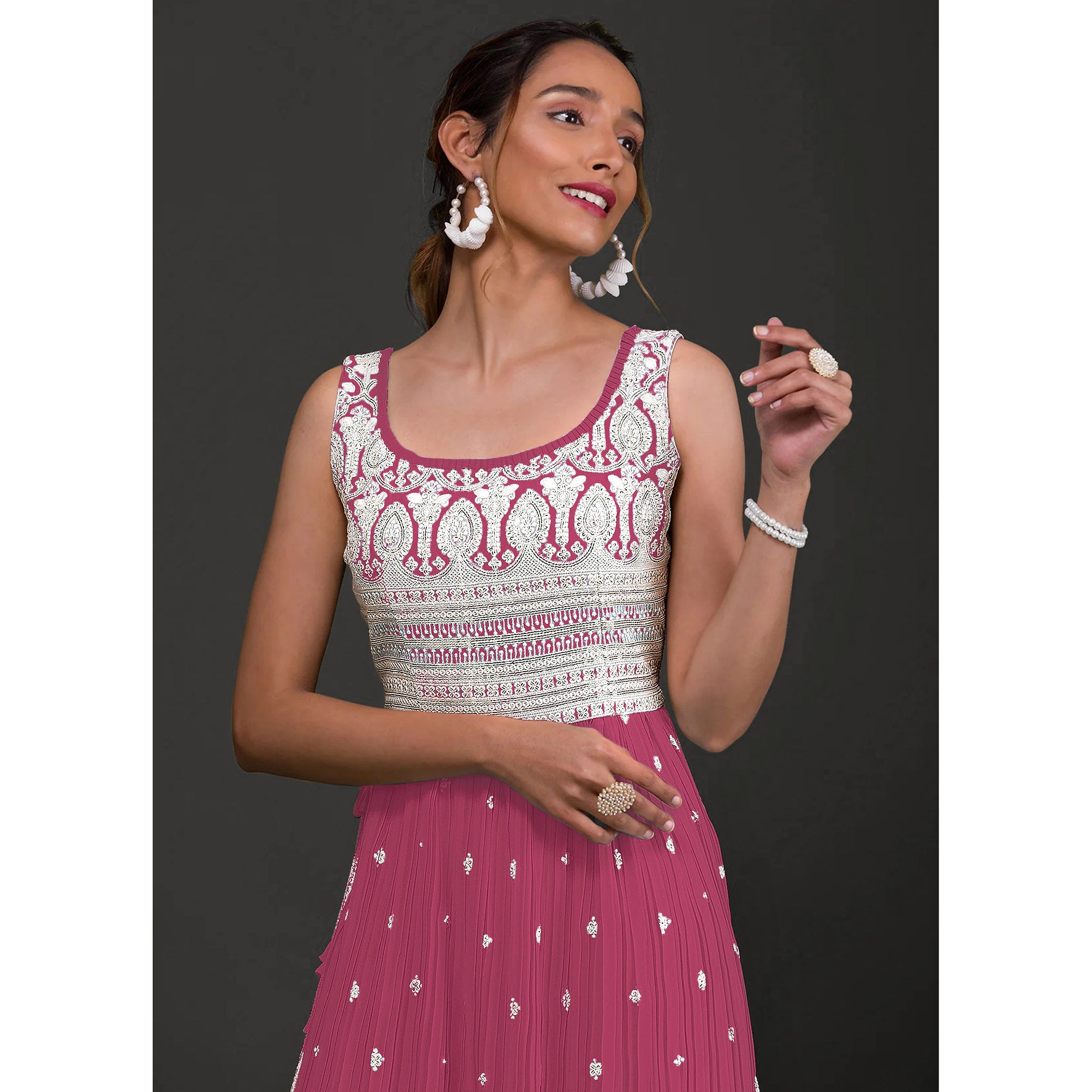 Pink Sequins Embroidered Georgette Semi Stitched Naira Cut Palazzo Suit