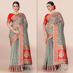 Grey Woven Organza Saree With Tassels