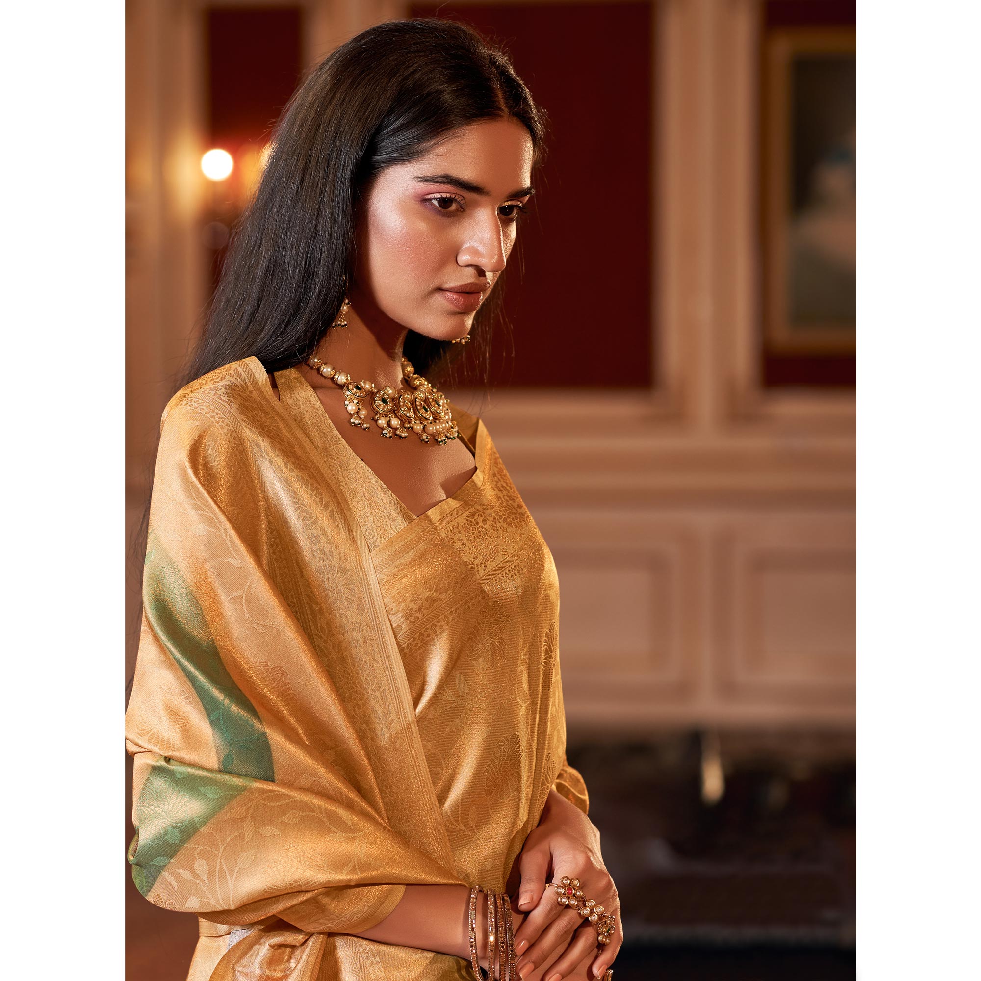 Golden Woven Jacquard Saree With Tassels
