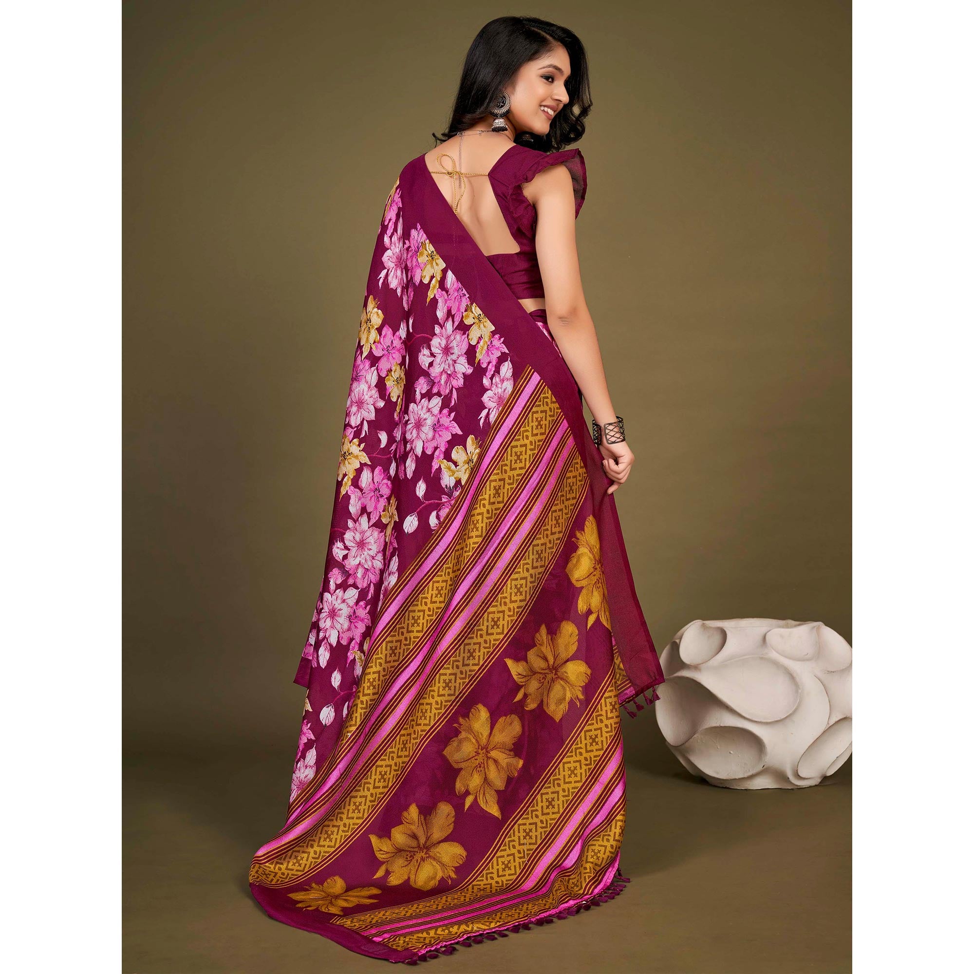 Purple Floral Printed Jute Saree With Tassels