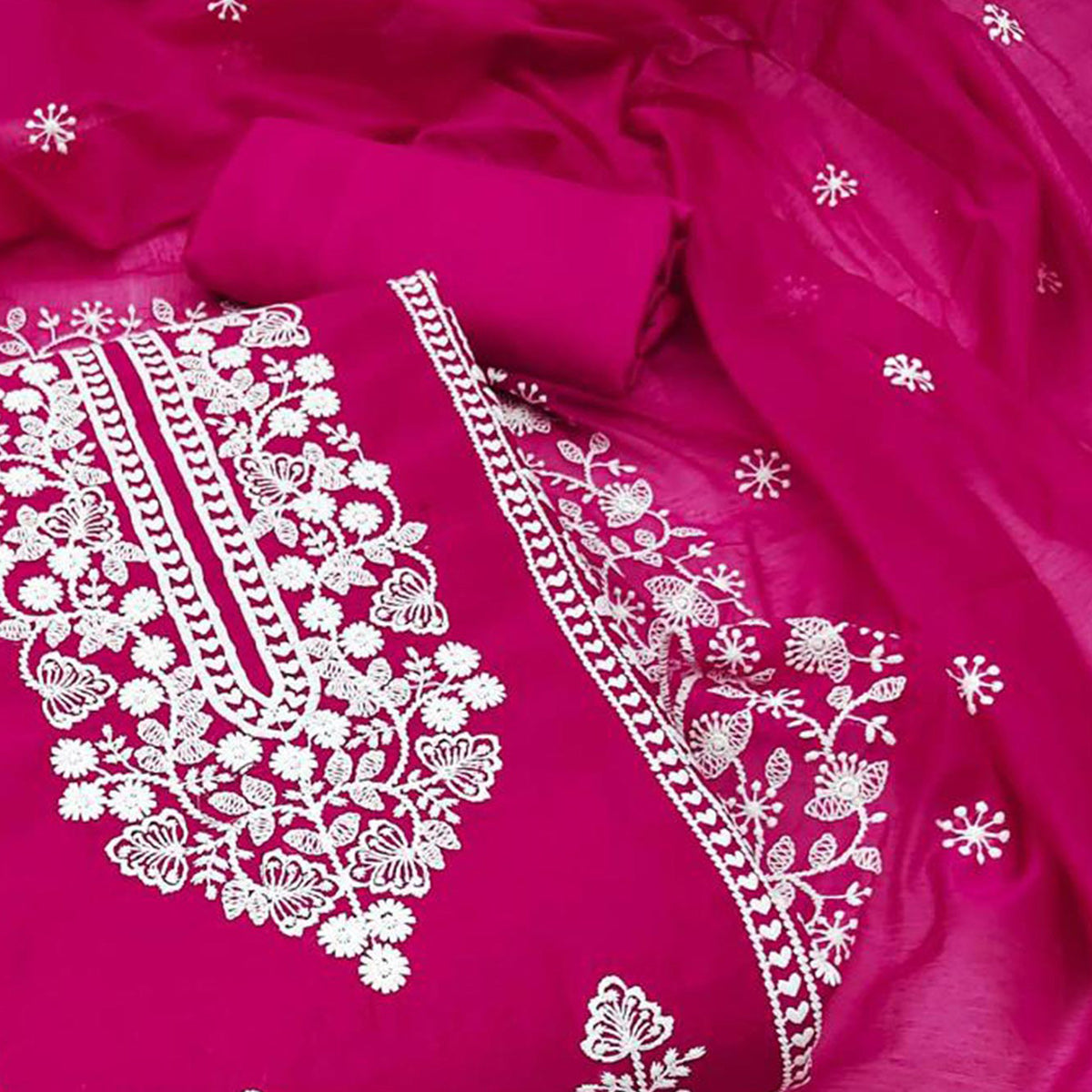 Rani Pink Floral Embroidered Chanderi Dress Material
