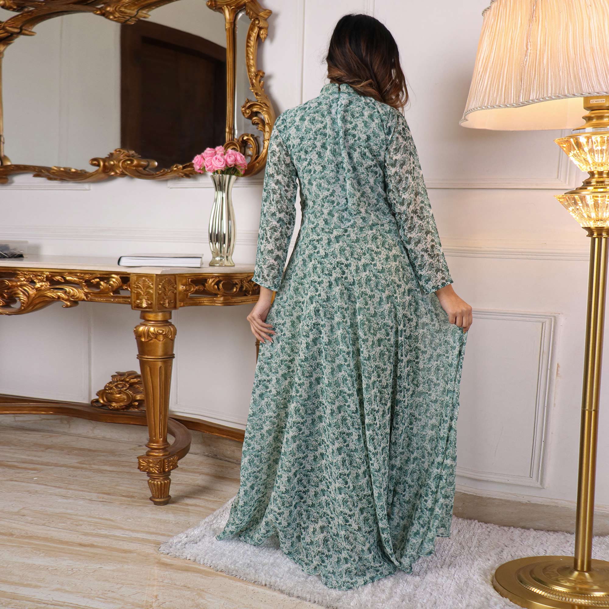 Green Printed Georgette Gown