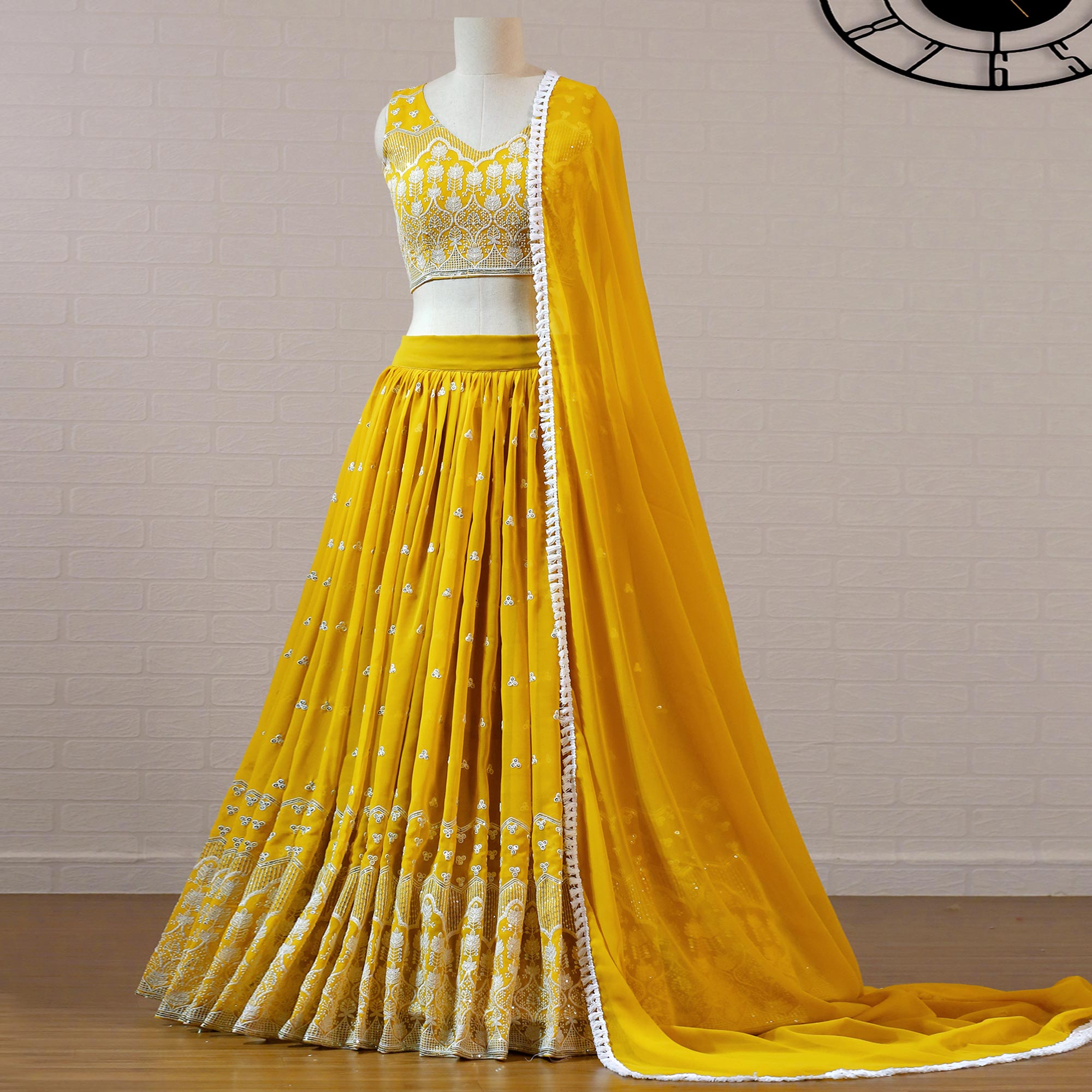 Mustard Sequins Embroidered Georgette Lehenga Choli