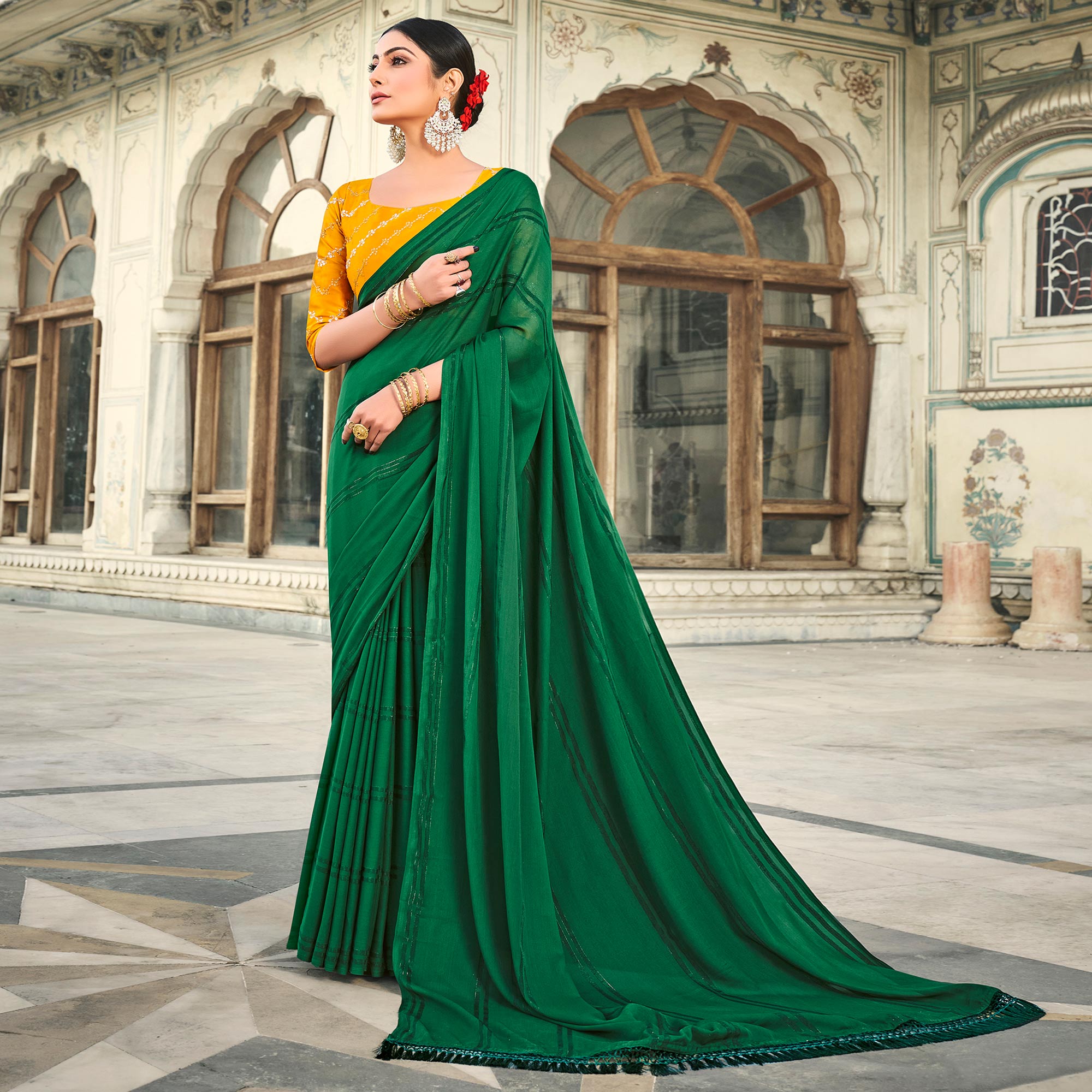Green Printed Georgette Saree With Tassels