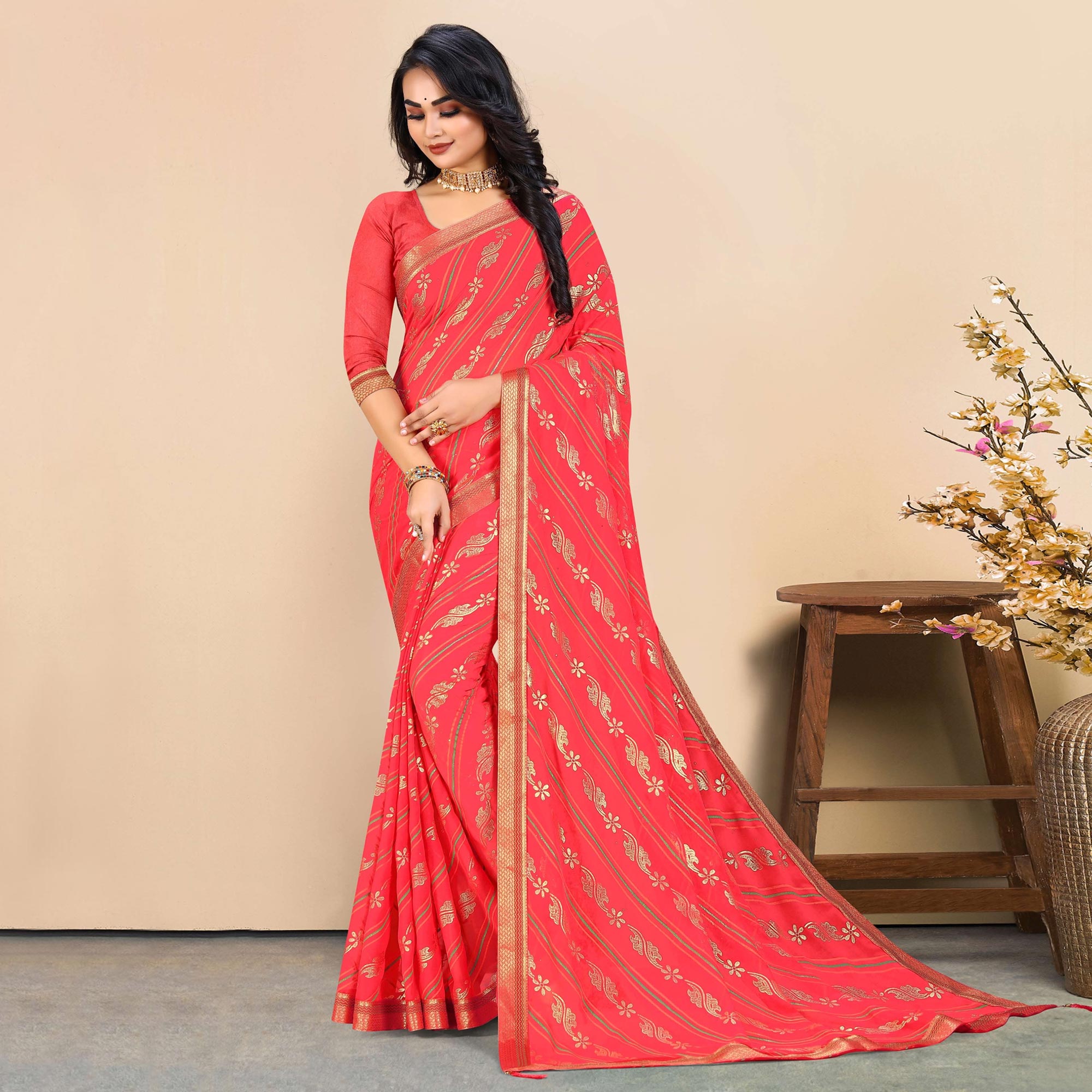 Pink Foil Printed Georgette Saree