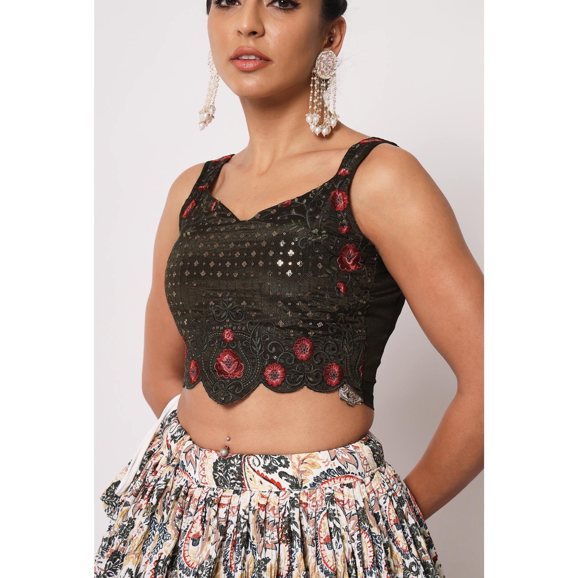 Offwhite Printed Art Silk Lehenga Choli