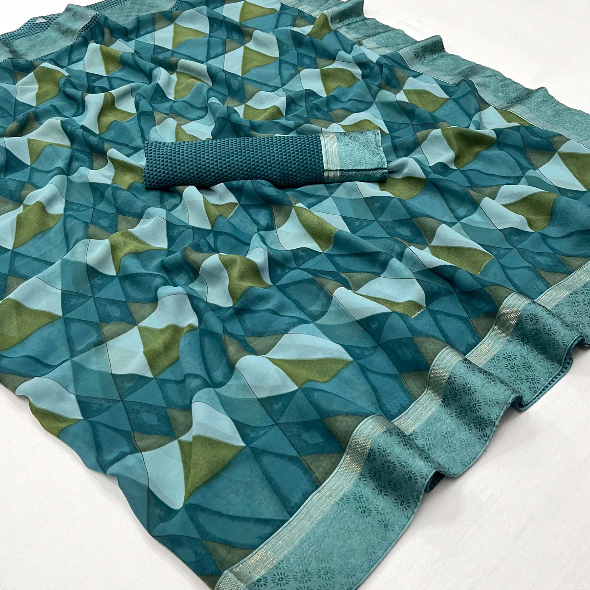 Rama Blue Geometric Printed Georgette Saree