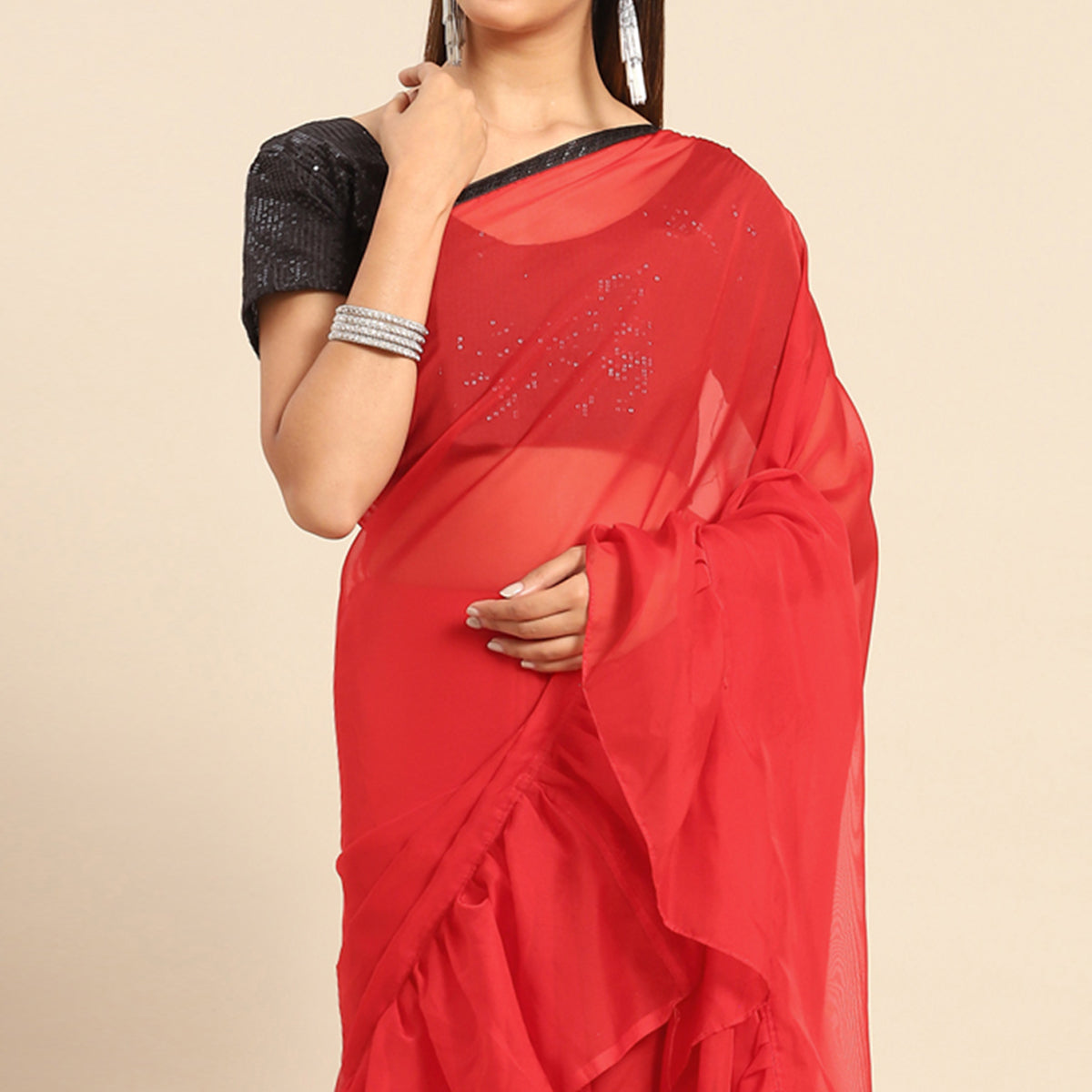 Red Solid Organza Frill Saree