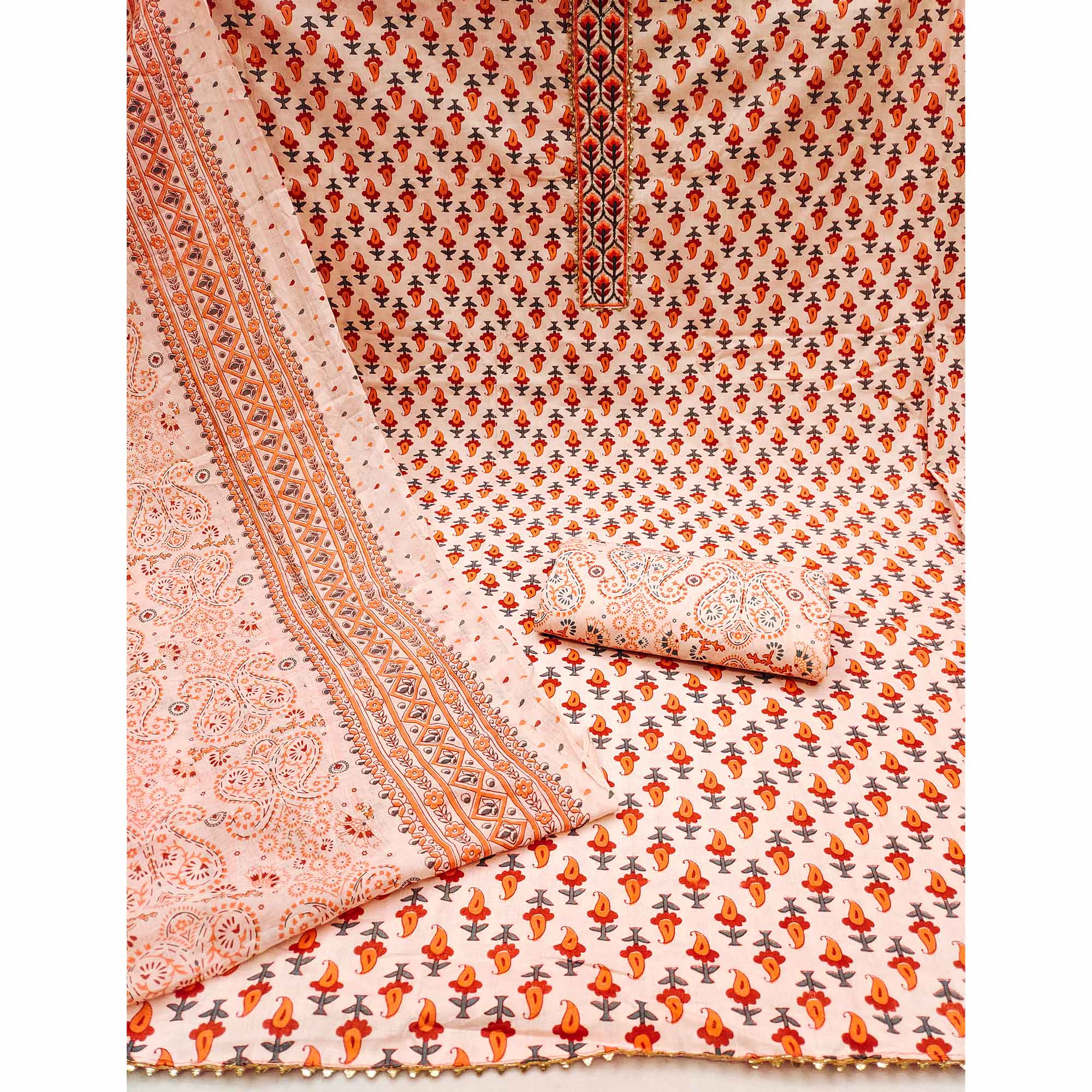 Peach Printed Cotton Dress Material