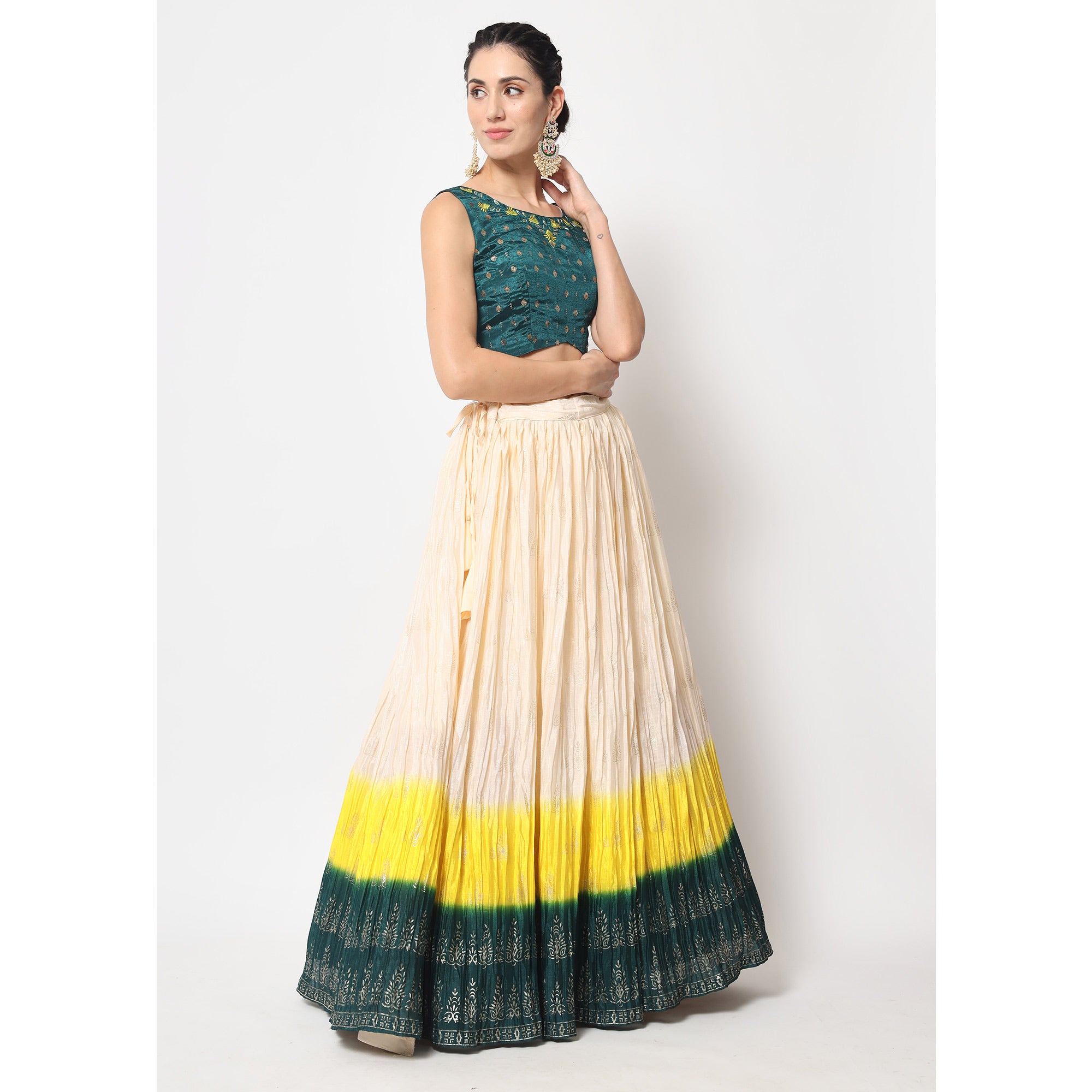 Cream Foil Printed Chiffon Lehenga Choli
