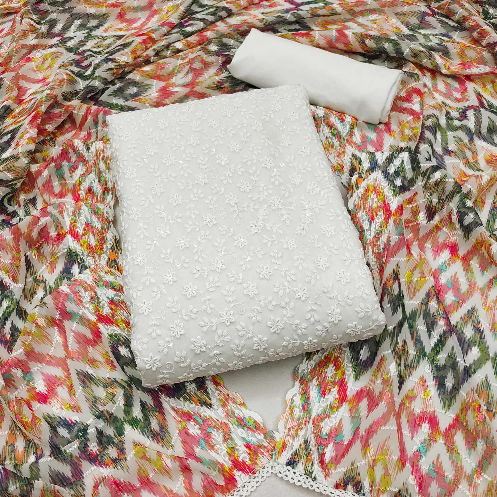 White Floral Sequins Embroidered Georgette Dress Material