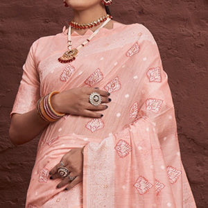 Salmon Pink Woven Cotton Blend Saree