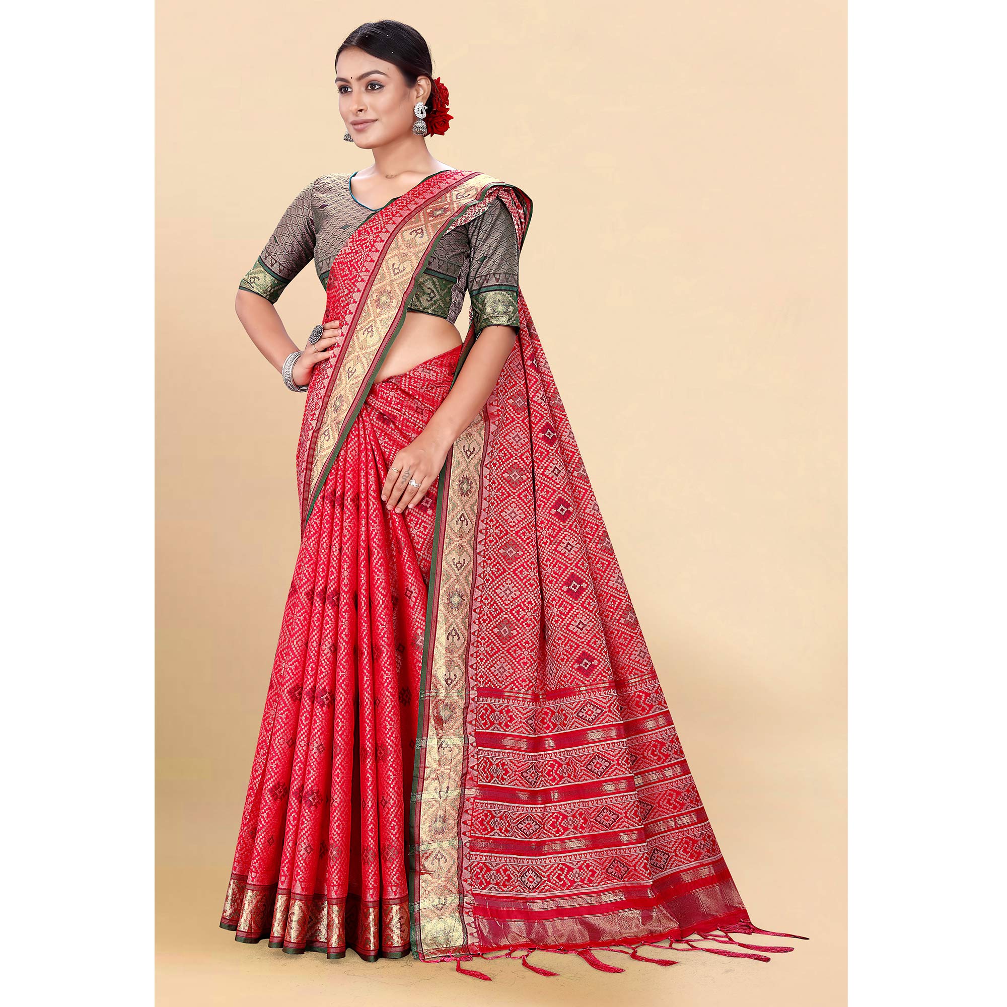 Pink Woven Patola Art Silk Saree With Tassels