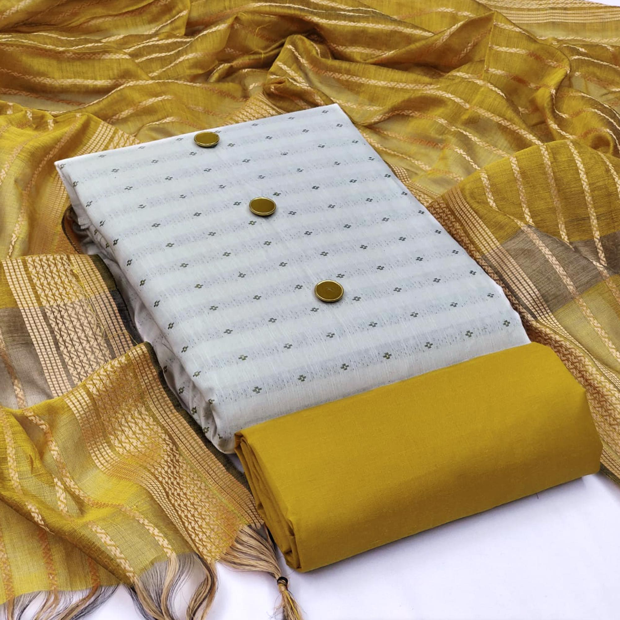 White-Mustard Woven Cotton Blend Dress Material