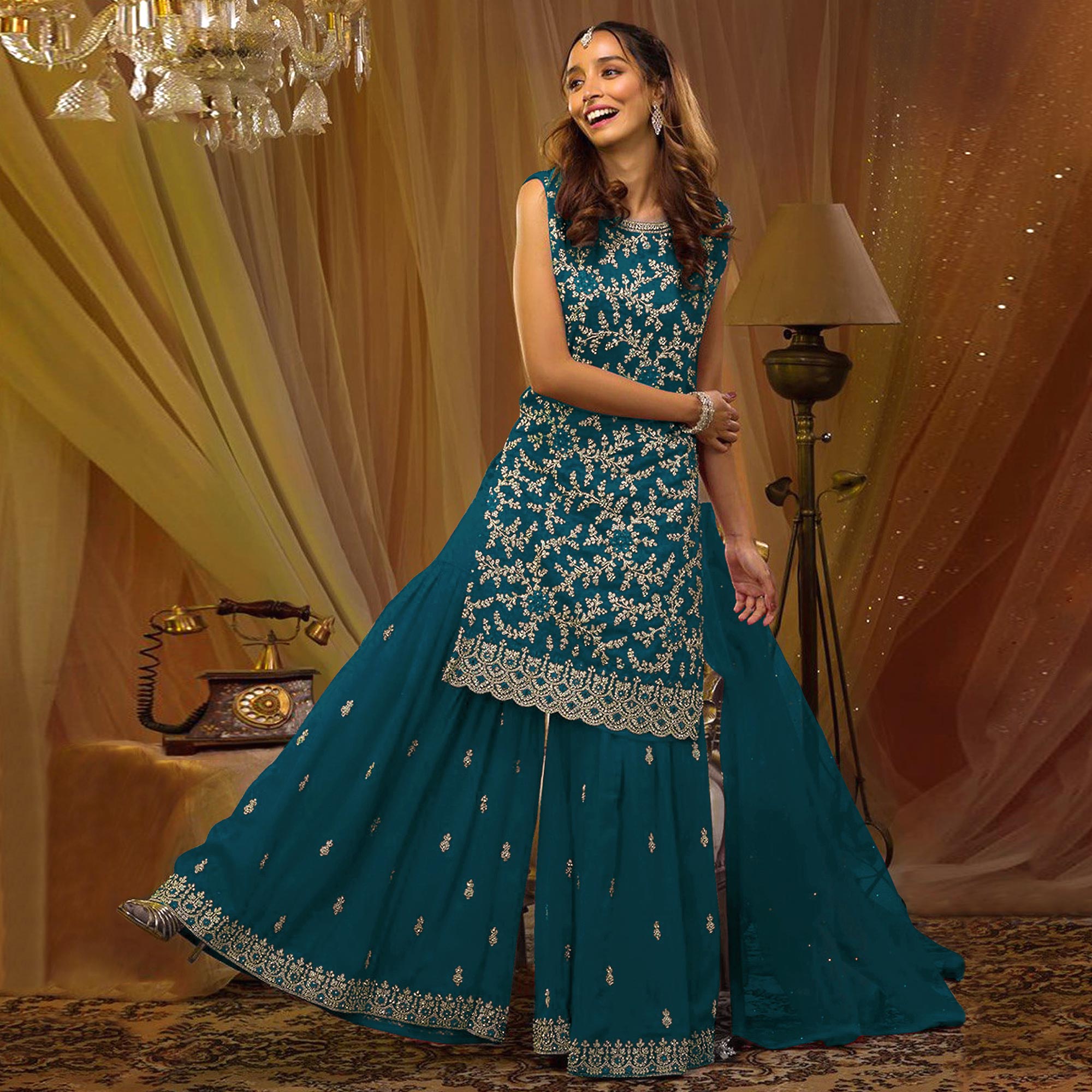 Teal Blue Floral Embroidered Georgette Semi Stitched Sharara Suit