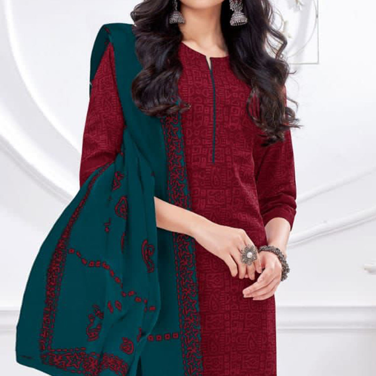 Maroon Printed Cotton Suit