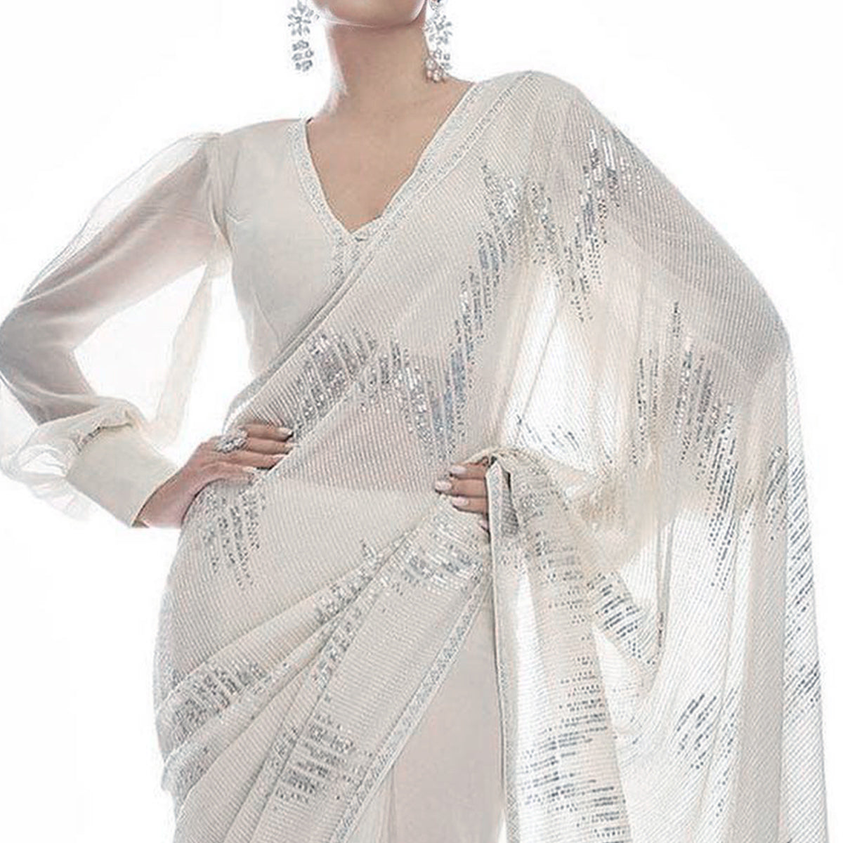 White Sequins Embroidered Georgette Saree