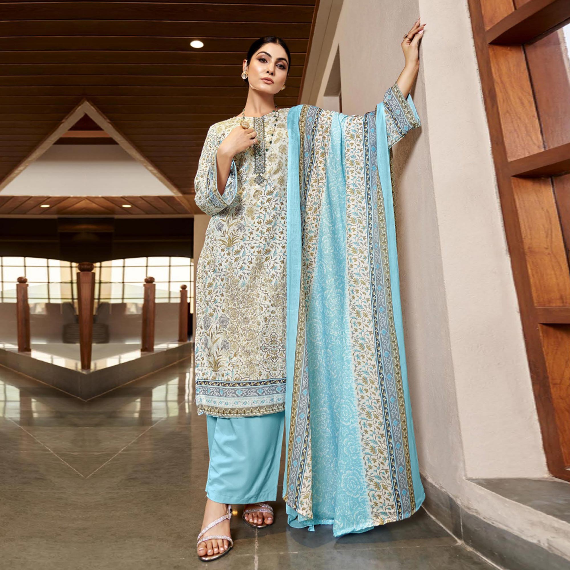 White & Blue Floral Print With Embroidered Pure Cotton Salwar Suit
