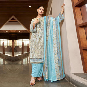 White & Blue Floral Print With Embroidered Pure Cotton Salwar Suit
