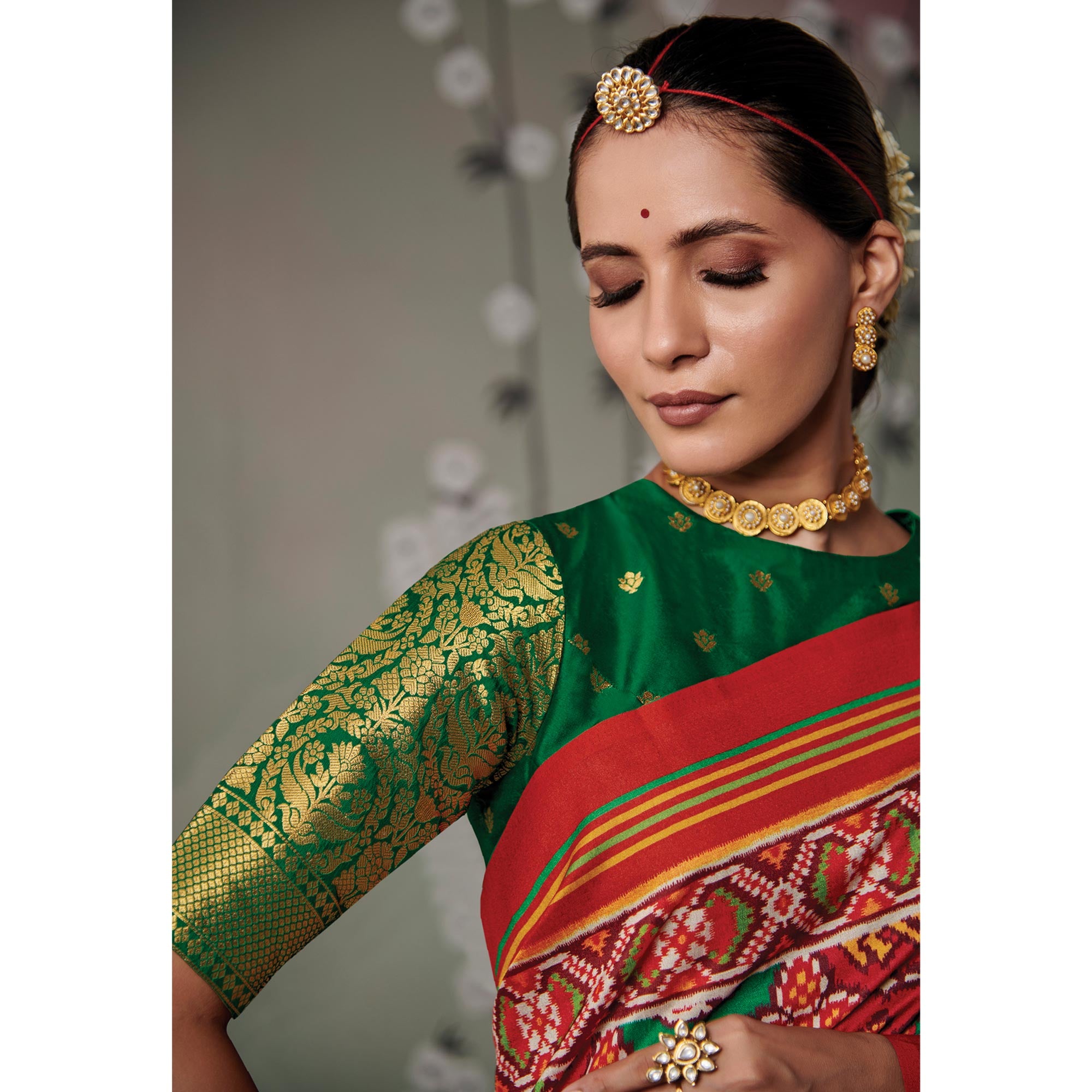 Red Printed Patola Art Silk Saree With Tassels