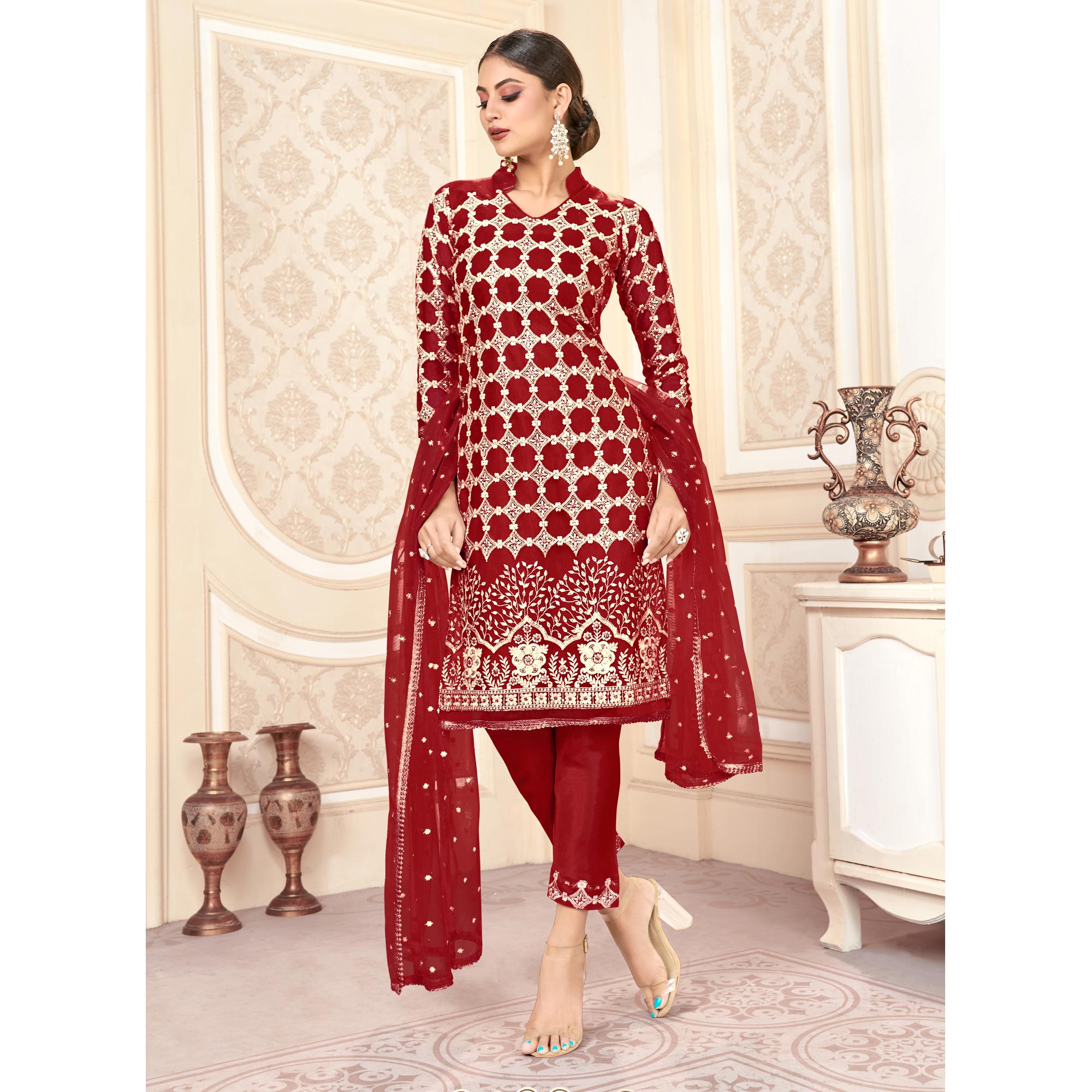 Maroon Sequins Embroidered Net Semi Stitched Suit