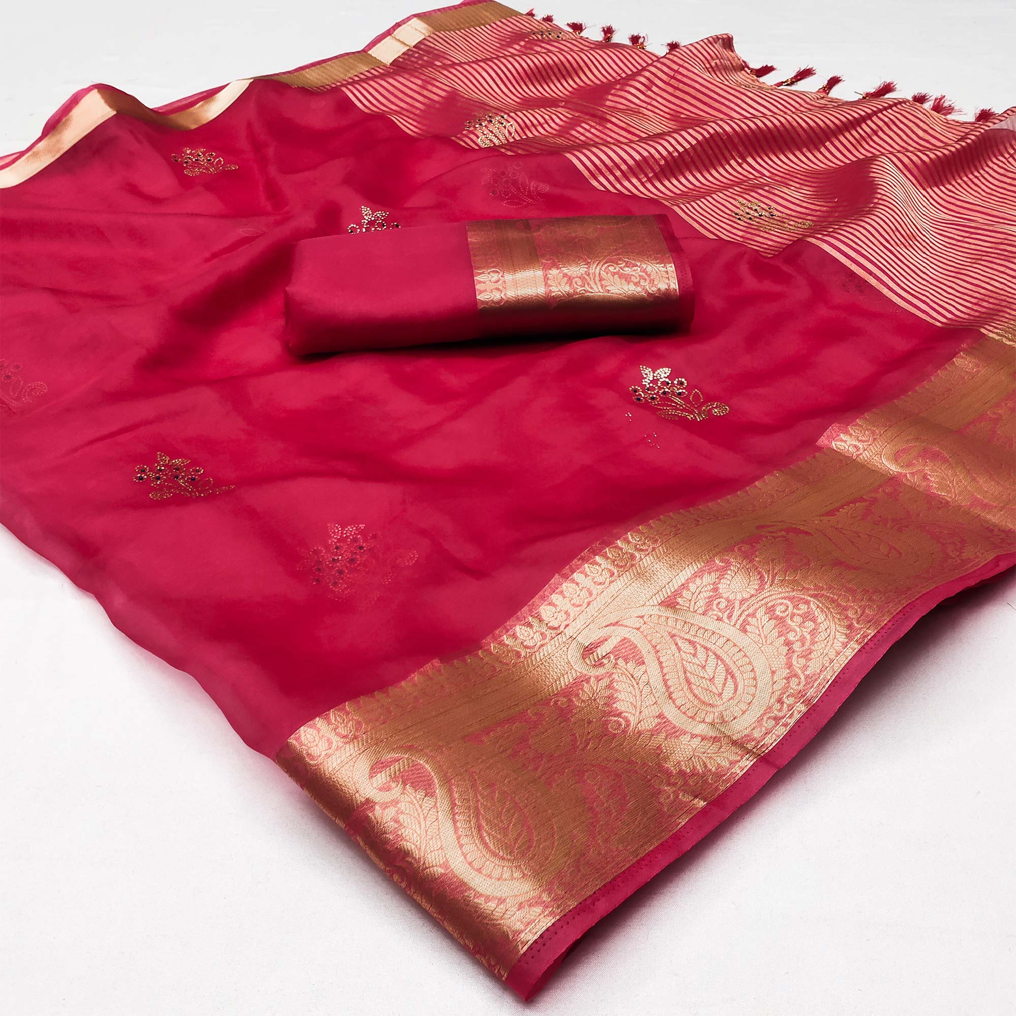 Pink Floral Foil With Woven Border Organza Saree