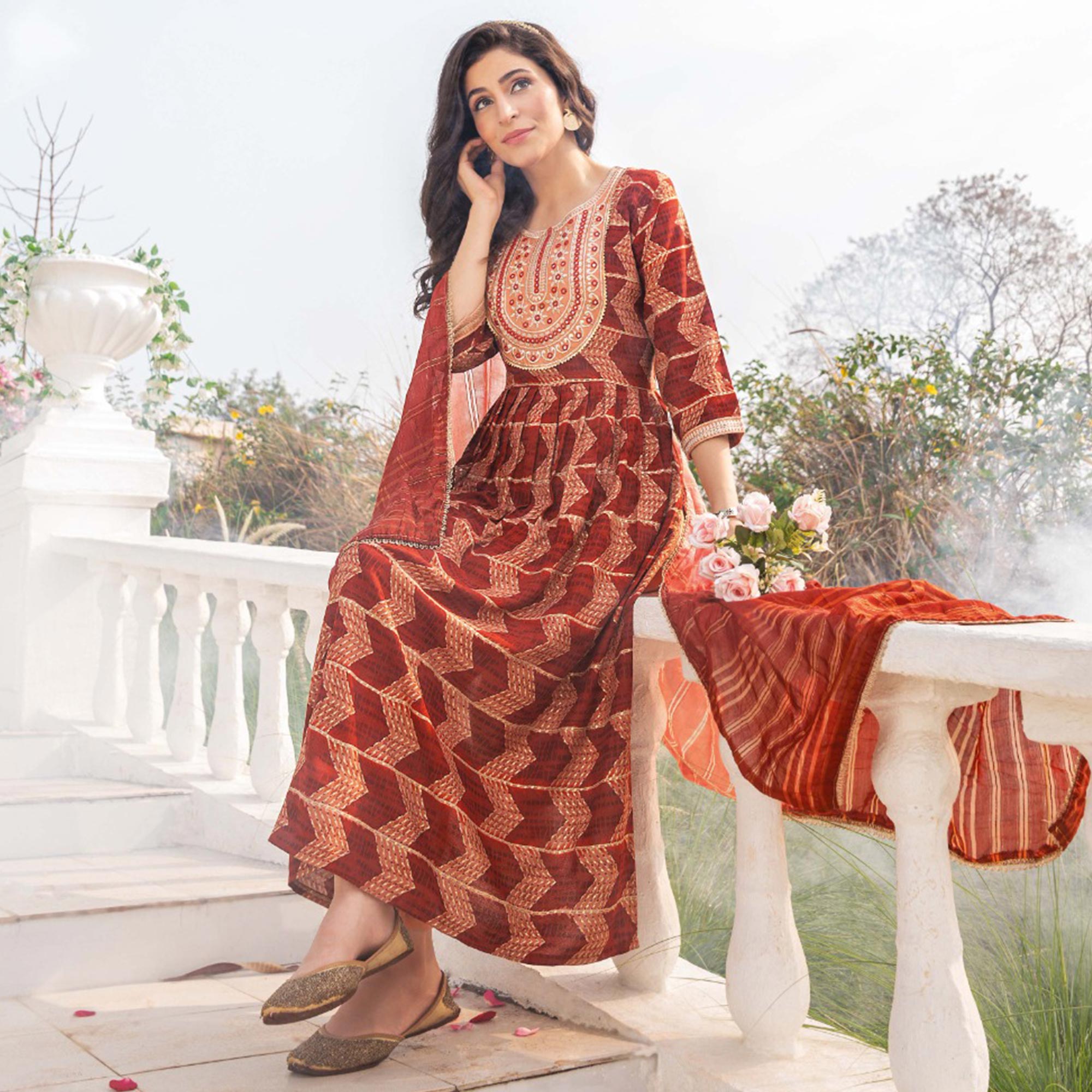 Rust Foil Printed Rayon Naira Cut Suit