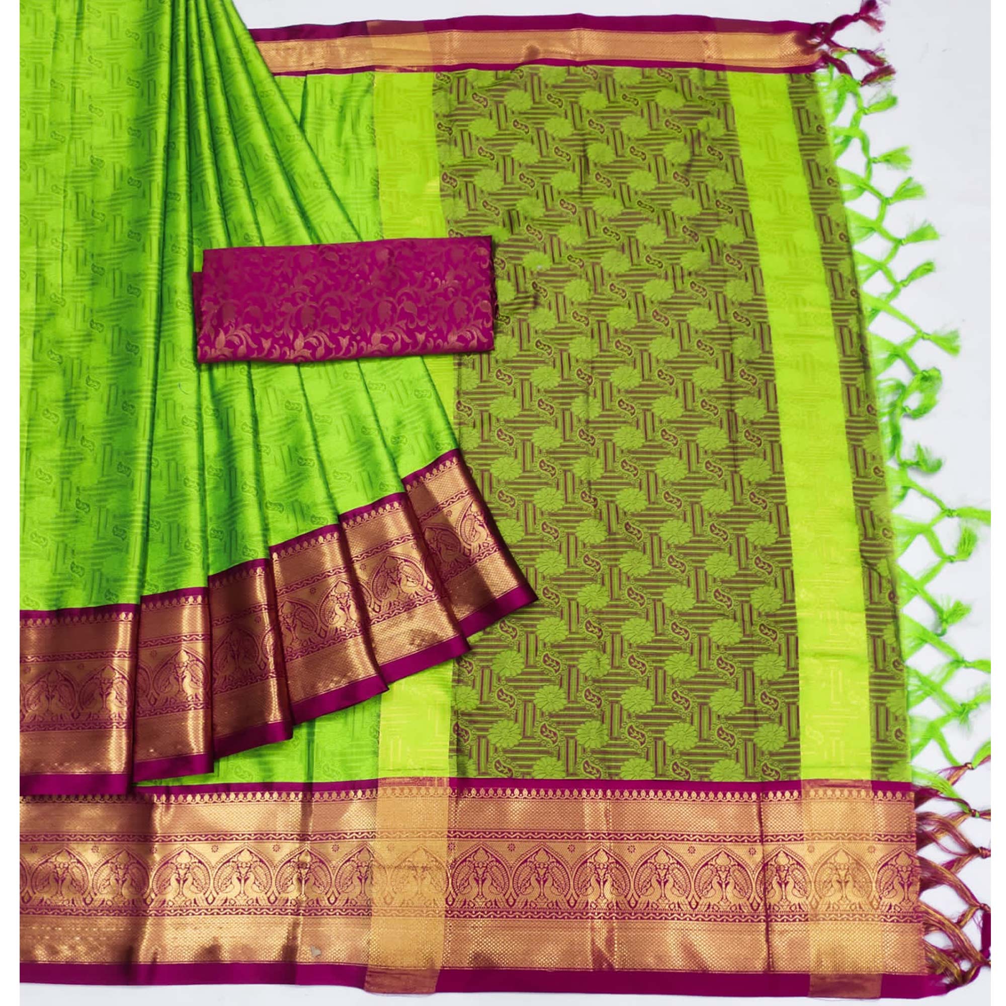 Parrot Green Woven Cotton Silk Saree With Tassels