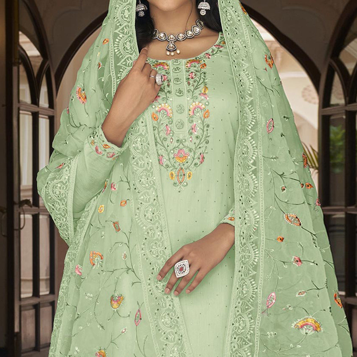 Green Floral Embroidered Georgette Salwar Suit