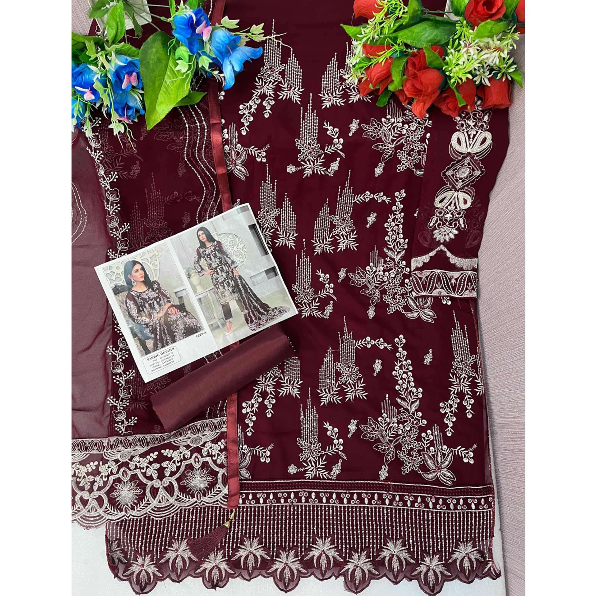 Maroon Floral Embroidered Georgette Pakistani Suit