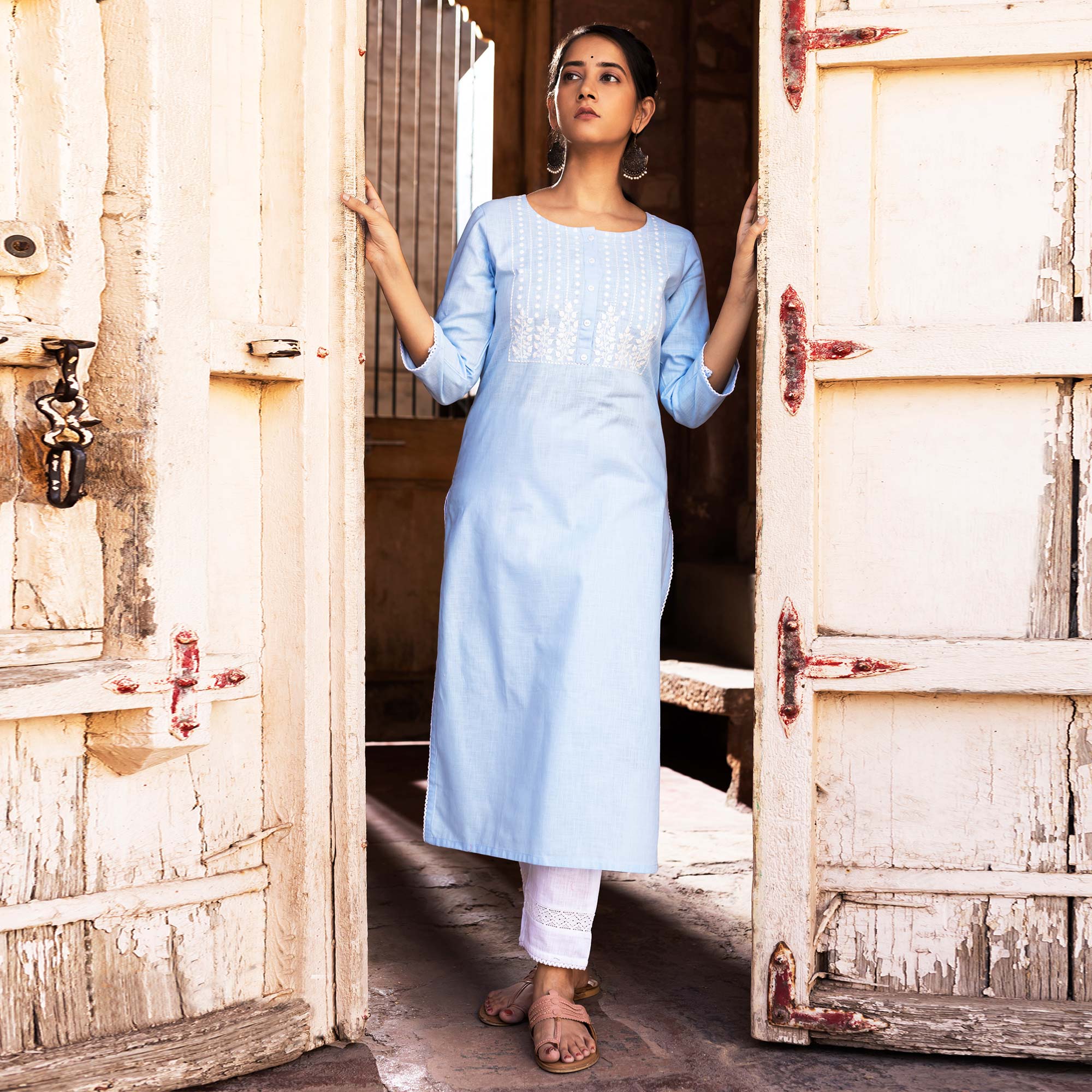 Light Blue Embroidered Pure Cotton Kurti