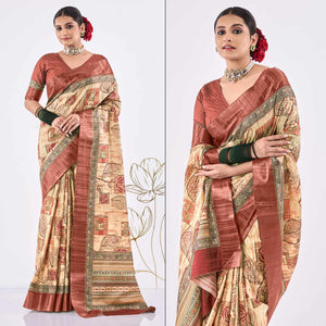Beige Printed Art Silk Saree