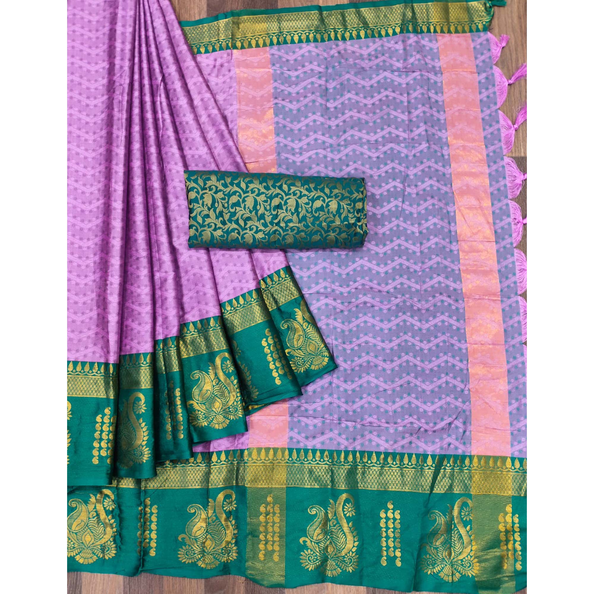 Light Purple Woven Cotton Silk Saree With Tassels