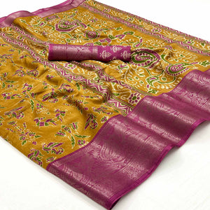 Mustard Blue Printed With Woven Border Dola Silk Saree