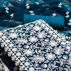Teal Blue Floral Embroidered Georgette Dress Material