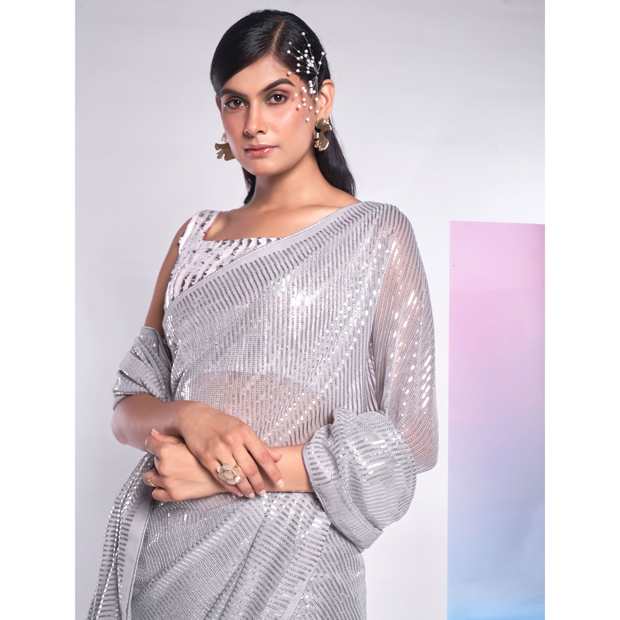 Grey Sequins Embroidered Georgette Saree