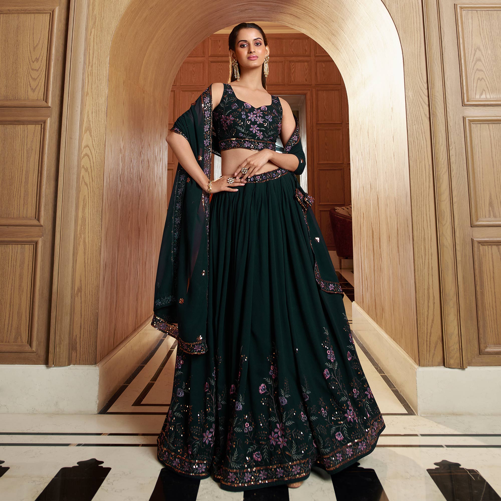 Green Sequins Embroidered Georgette Lehenga Choli