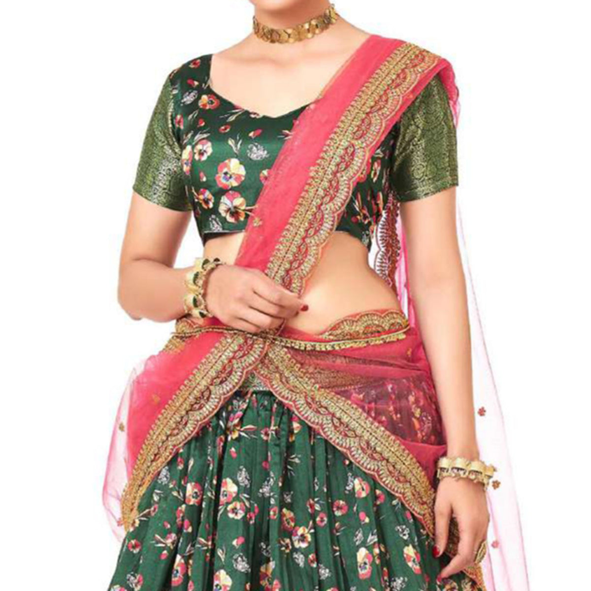 Dark Green Digital Printed With Zari Work Art Silk Lehenga Choli