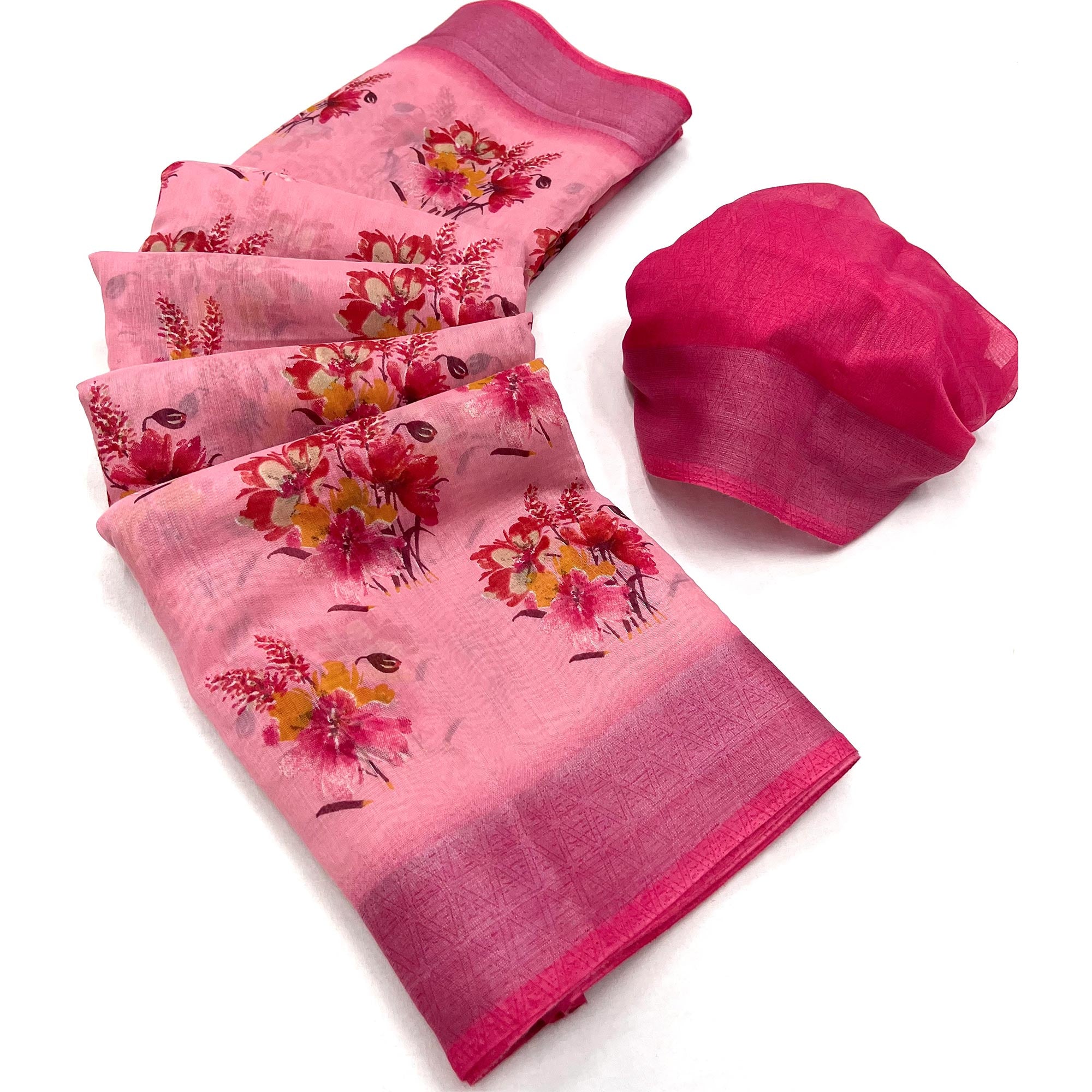 Pink Floral Printed Linen Saree