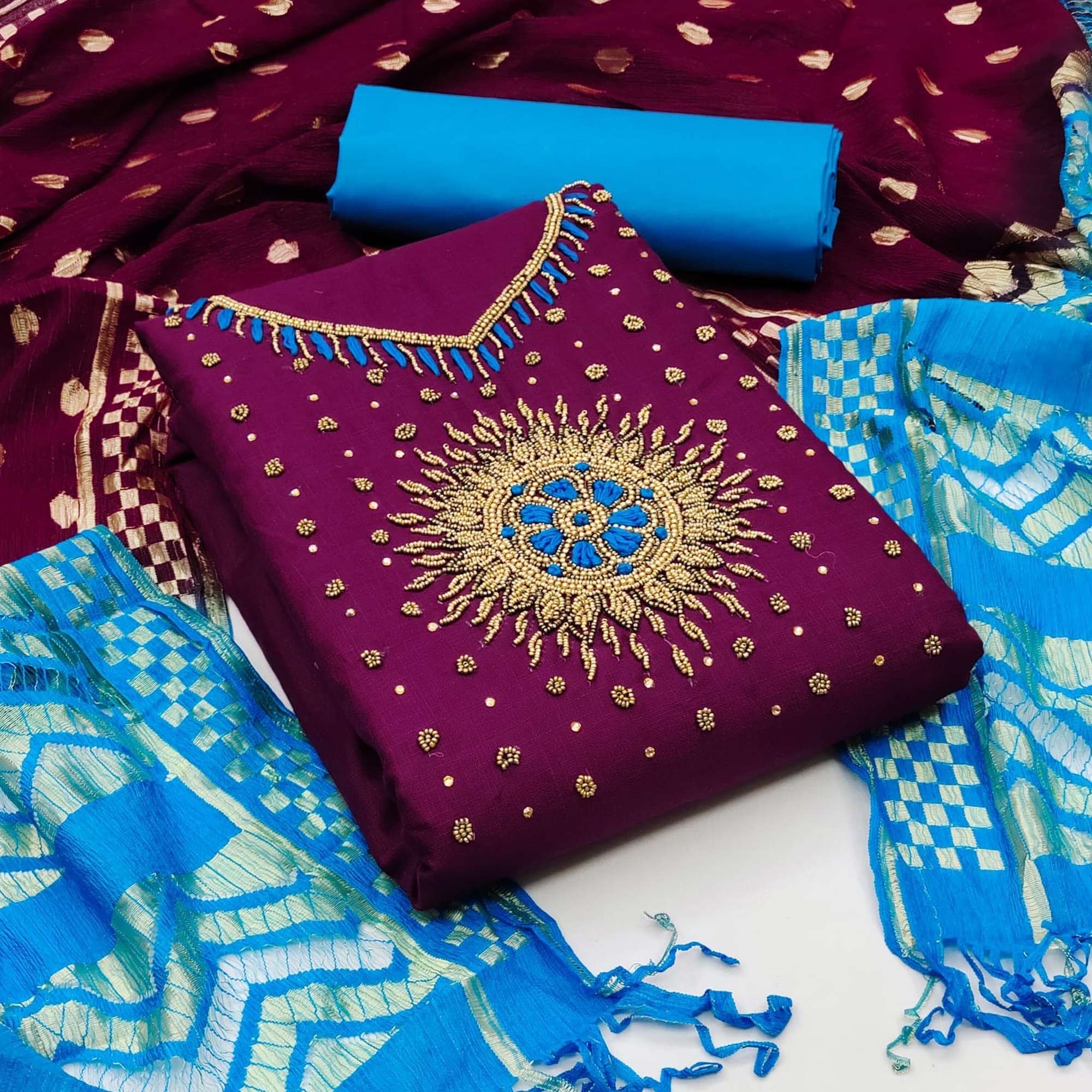 Wine Pearl Handwork Cotton Slub Dress Material