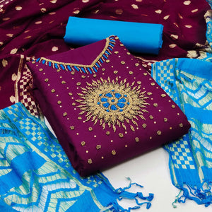 Wine Pearl Handwork Cotton Slub Dress Material